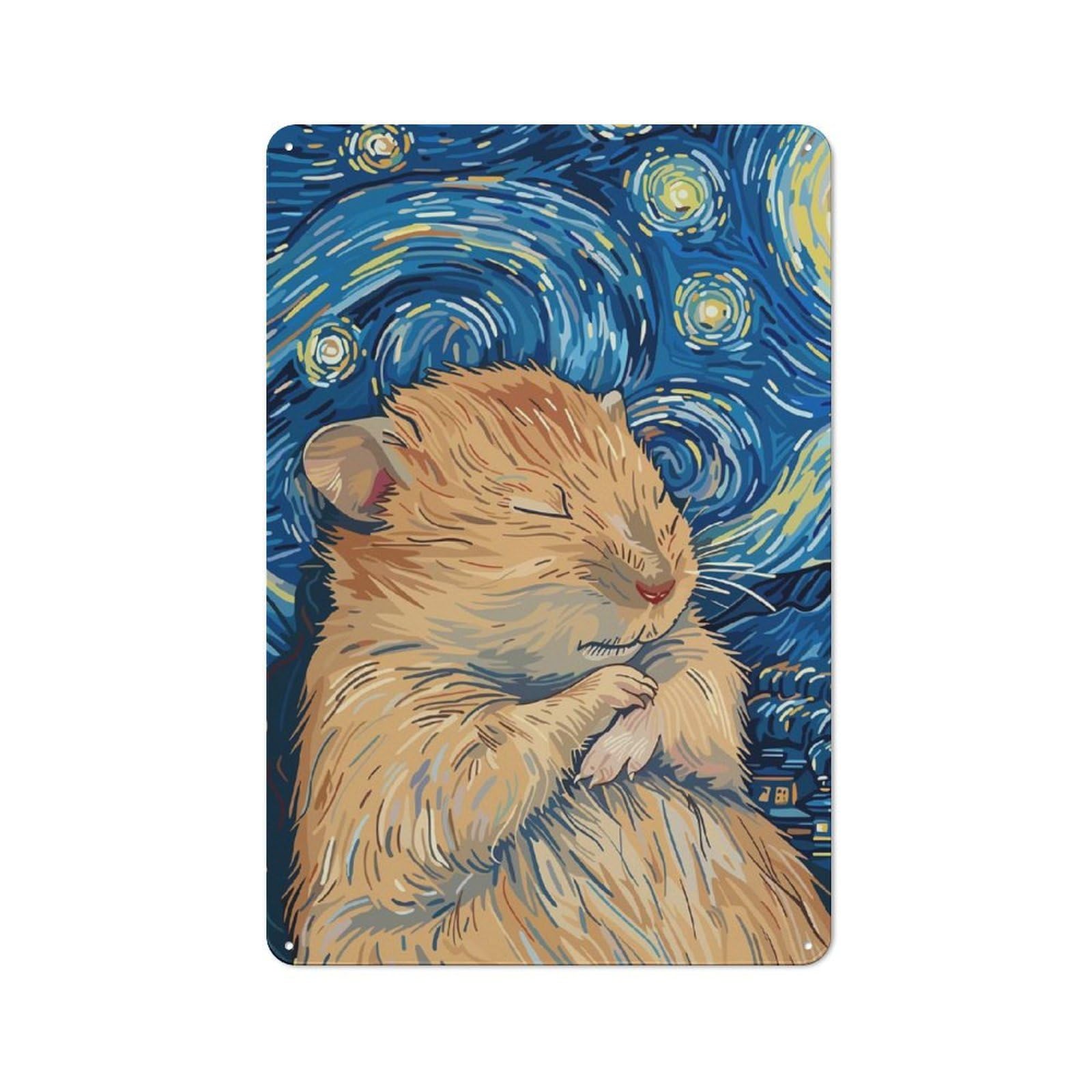 Junmoney Hamster In Starry Night Style Kitchen Metal Sign With Design 30X20cm, Classic Diner Style Decor For Coffee Bar, Kitchen, Bistro Or Tea Corner