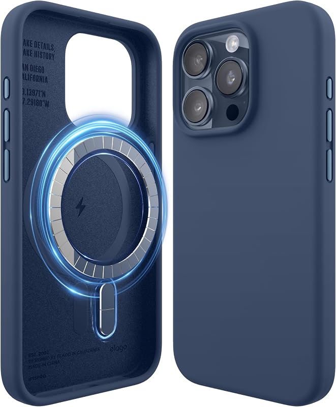 elago Coque Magnétique en Silicone Compatible avec iPhone 15 Pro, Compatible avec Tous Les Accessoires MagSafe, Aimants Intégrés, Étui de Protection Complète [Structure 5 Couches] (Bleu)