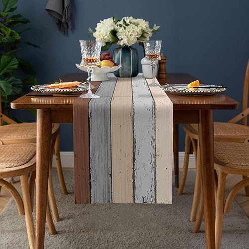 Miniatura 137 de Camino de mesa de algodón y lino estilo granja rústico retro, textura de madera de granero, color degradado marrón y gris, antideslizante,