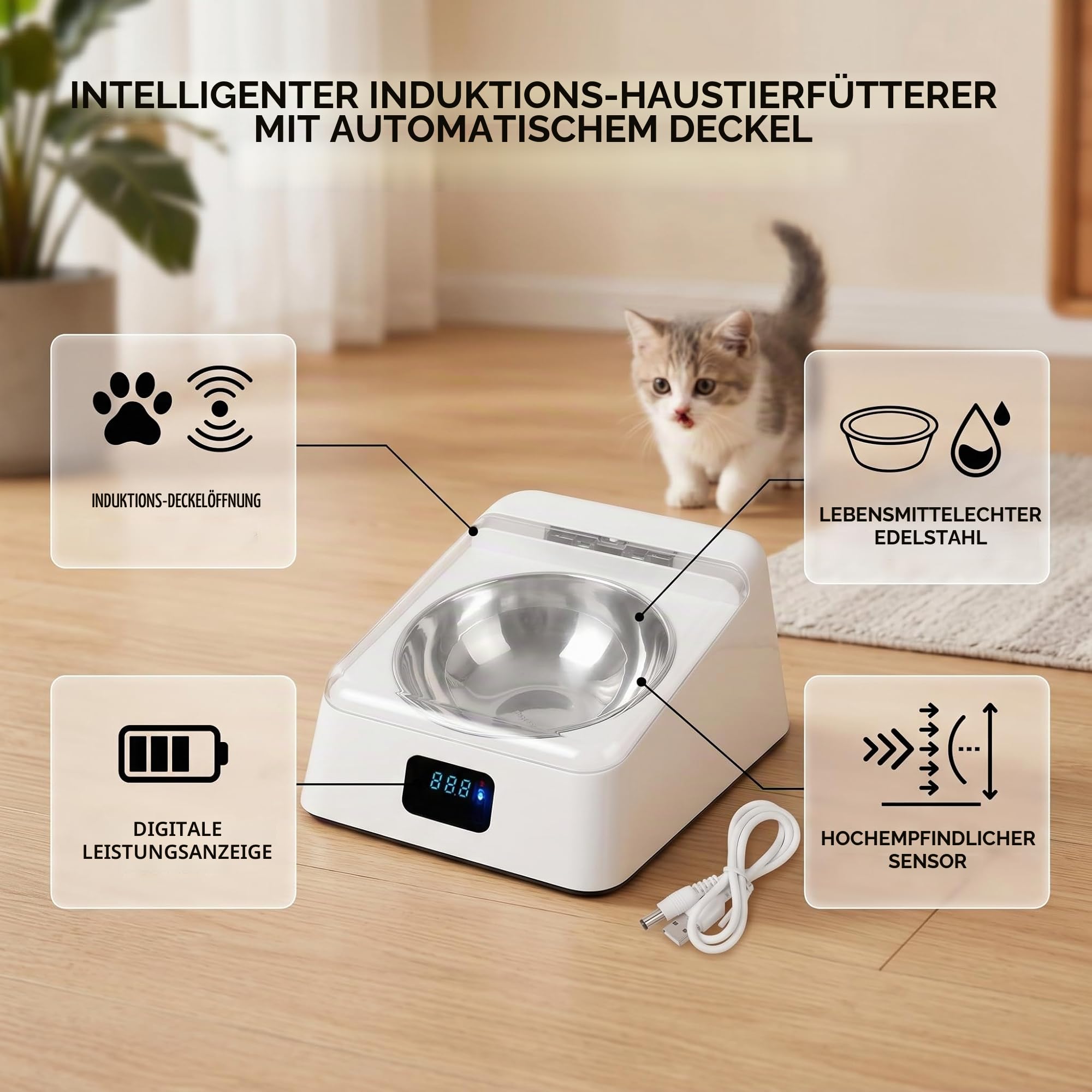 Futterautomat Katzen, Automatischer Haustier Futterspender Katzennapf mit Edelstahlnapf Infrarotsensor für Haustiere Trocken- und Nassfutterautomat Mit Offenem Deckel