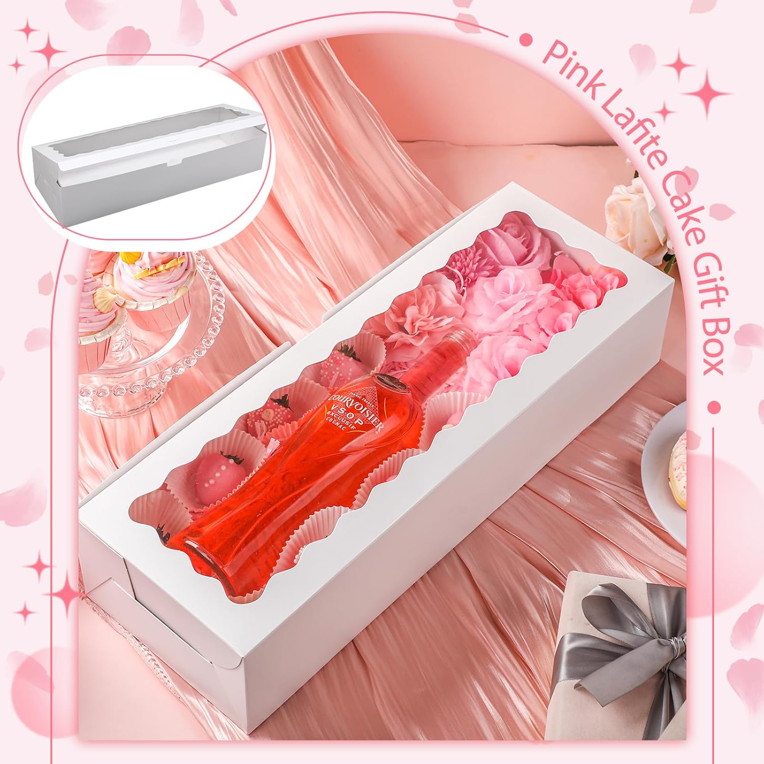 20 Pack Mother's Day Rose and Wine Box for Gifts 20" X 7" X 4" Cookie Bakery Boxes With Window Rectangle Extra Large Treat Boxes for Strawberries Chocolate Cake