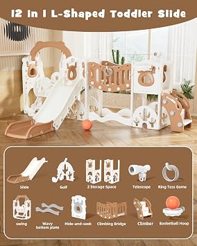 XJD 12-in-1 Toddler Slide and Swing Set, Kids Slide for Toddlers Age 1+