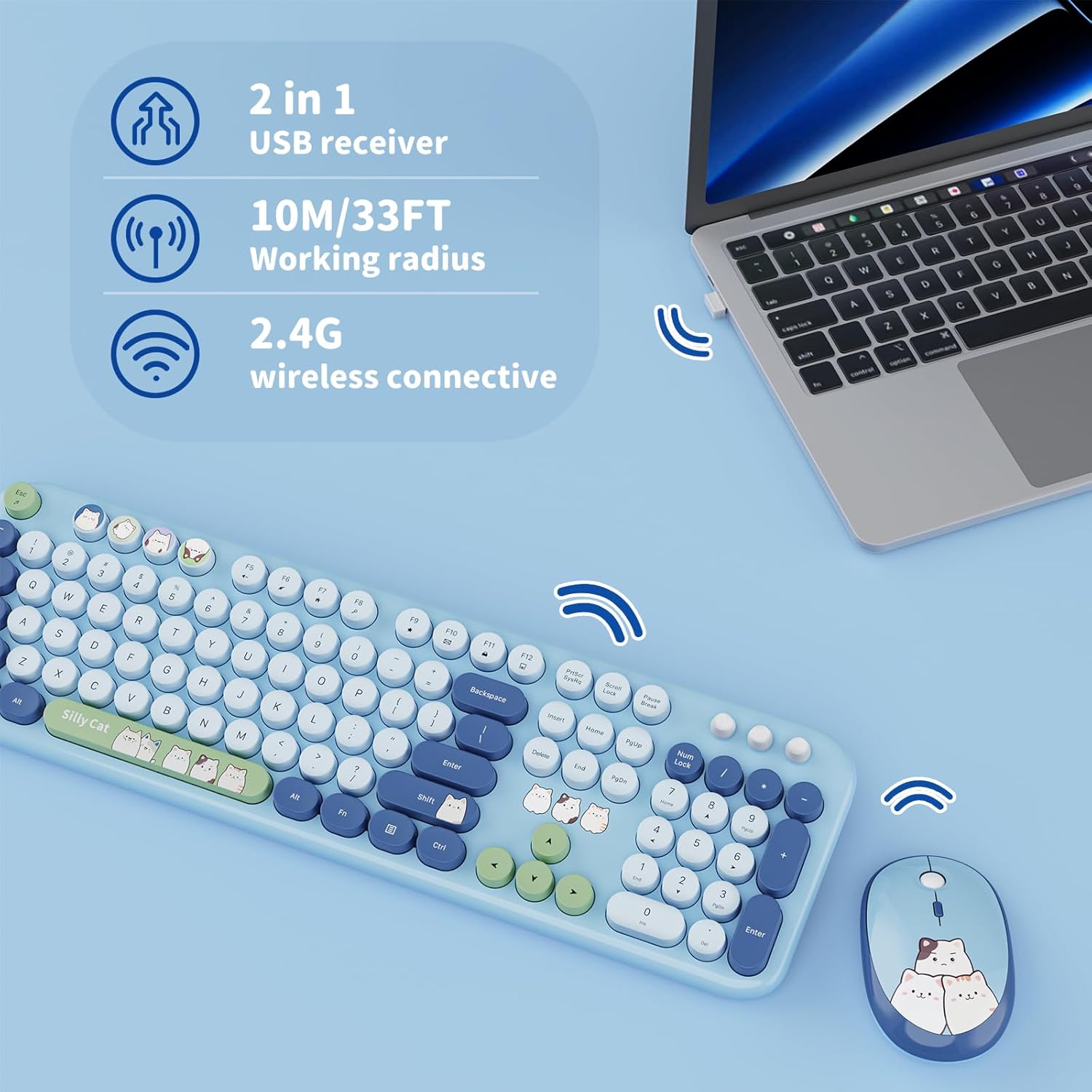 Wireless Keyboard and Mouse Combo, 2.4GHZ Typewriter Retro Full Size Keyboards, Cute Colorful Computer Keyboard and Wireless Mouse for Laptop/Desktop/Windows/PC (Blue Colorful)
