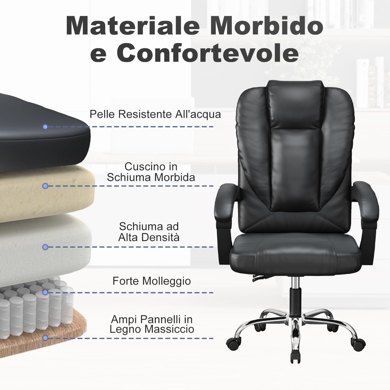 naspaluro Sedia da Ufficio, Sedia Scrivania Ergonomica Con Schienale Alto Inclinato a 135°, Sedie Girevole Confortevole in Pelle Di Alta Qualità, Sedie Sollevabile Con Cuscino a Molla, Nero