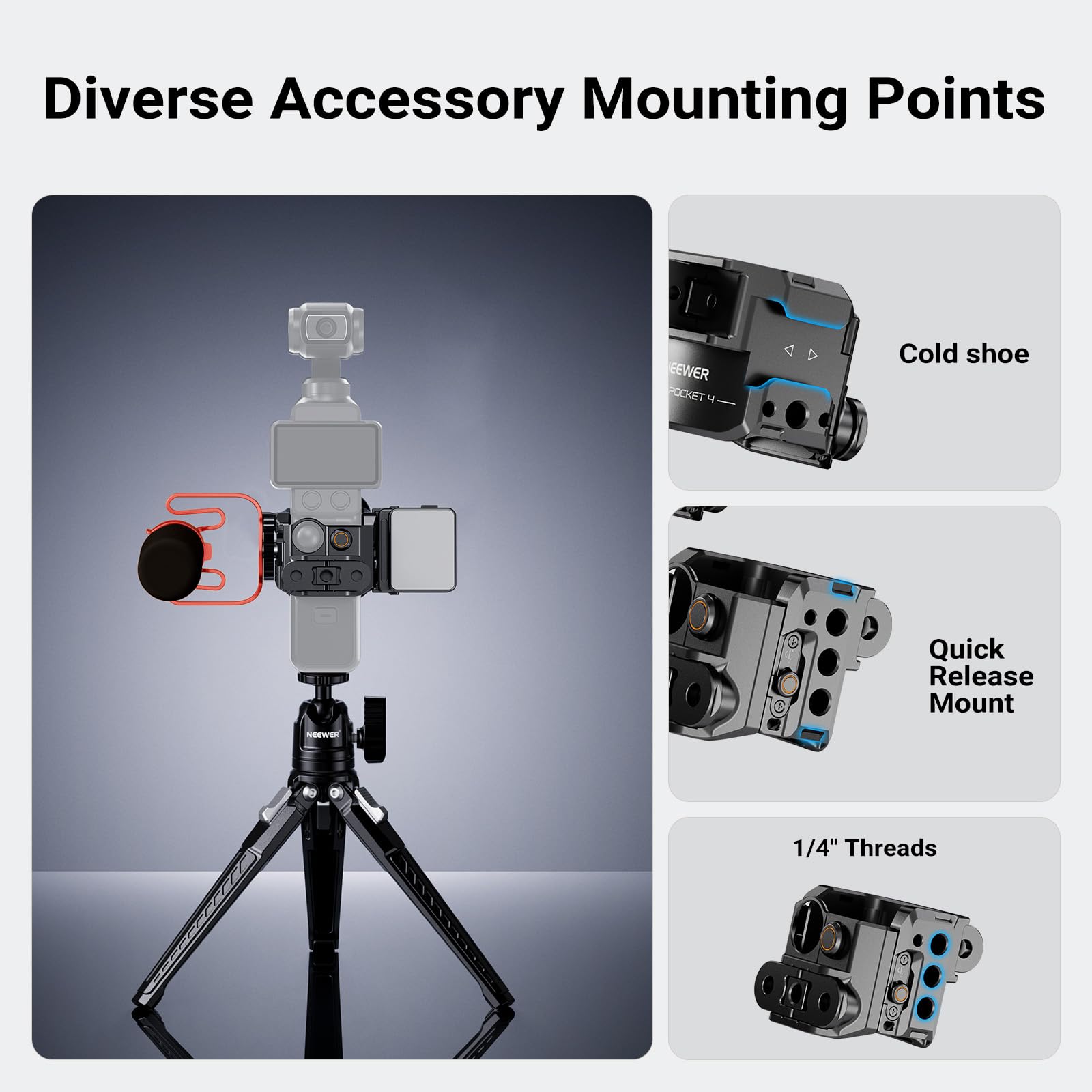 NEEWER Kieszeń 4 klatki, ochronna kamera gimbalowa z kamerą sportową, akcesoria fotograficzne, adapter montażowy i gwinty 1/4 cala, nie wymaga montażu, kompatybilna tylko z DJI Osmo Pocket 4, AC069