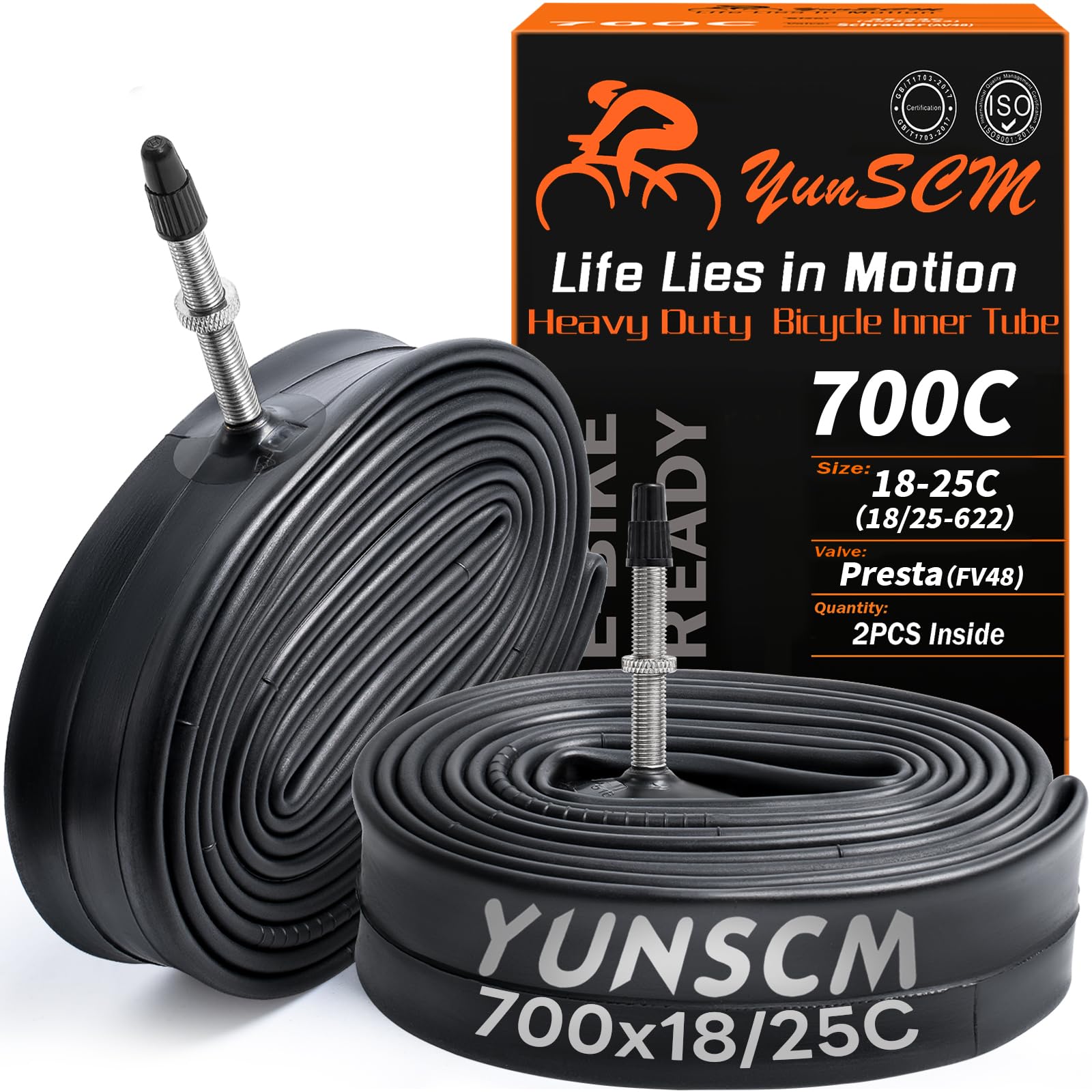 YunSCM 2-Pcs 700C Bike Heavy Duty Tubes 700x18C/25C ETRTO 18/25-622 FV48mm Presta Valve Compatible with 700x18C 700x20C 700x21C 700x22C 700x23C 700x25C Road bike Tyre Tubes