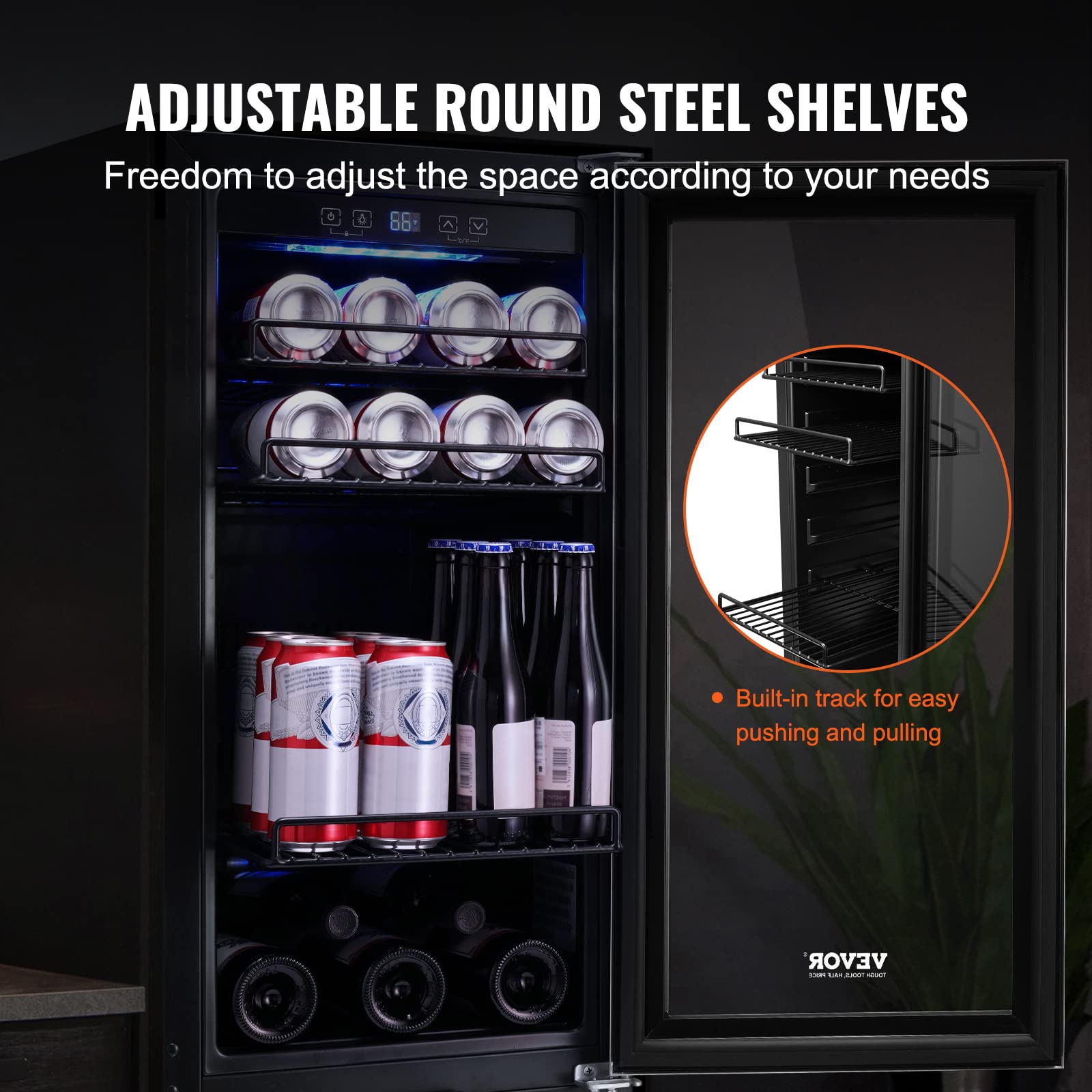 VEVOR 15” Beverage Refrigerator, 96 Cans Under Counter Built-In Or Freestanding Beer Fridge, Blue LED Light, Adjustable Shelves, Child Lock, Etl on Fridge.com - View 6