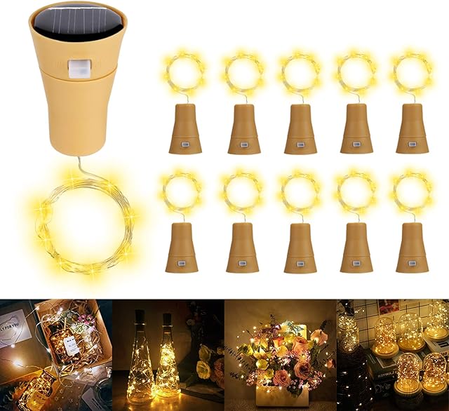 Solar Wine Bottle Lights, ALED LIGHT 10 Pack LED Solar Fairy Lights with Cork Shape Silver Copper Wire Colorful Mini Fairy String Lights for DIY, Party Decoration Wedding Christmas(Warm White)