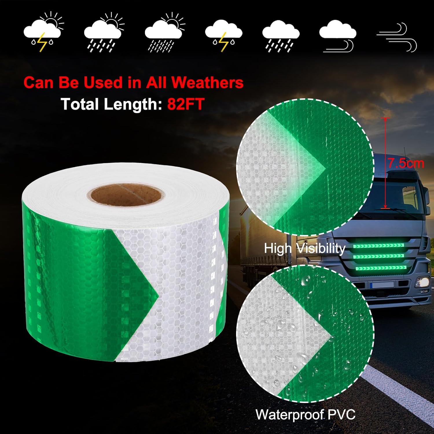 MECCANIXITY Reflective Tape, 3 Inch x 82 ft Self-Adhesive Trailer Reflector Tape Waterproof Warning Safety Sticker Night Reflectors Arrow Tape for Bikes, Green-White