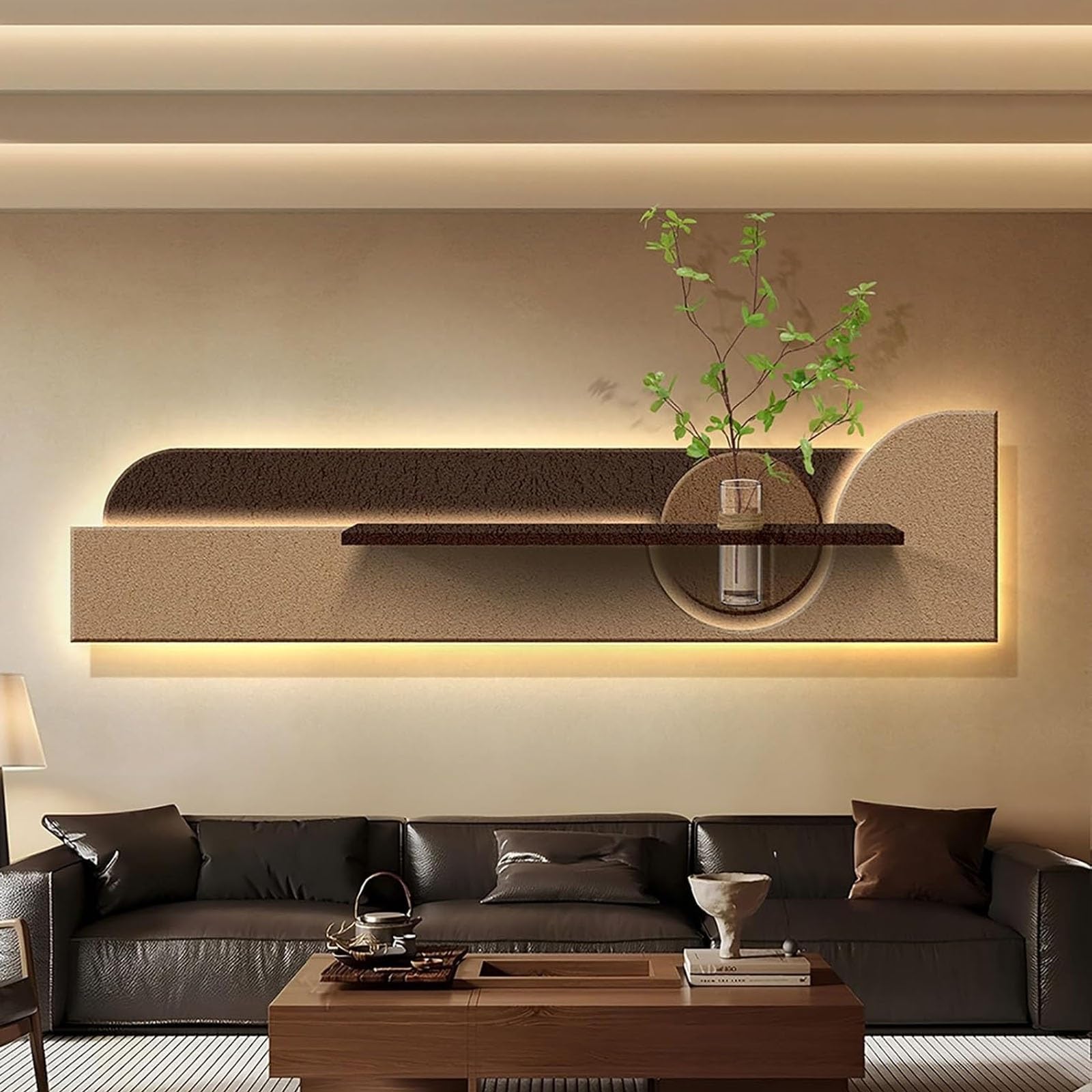 Tableau Décoratif Peinture Murale 3D LED plante artificielle cadre marron 150x35cm