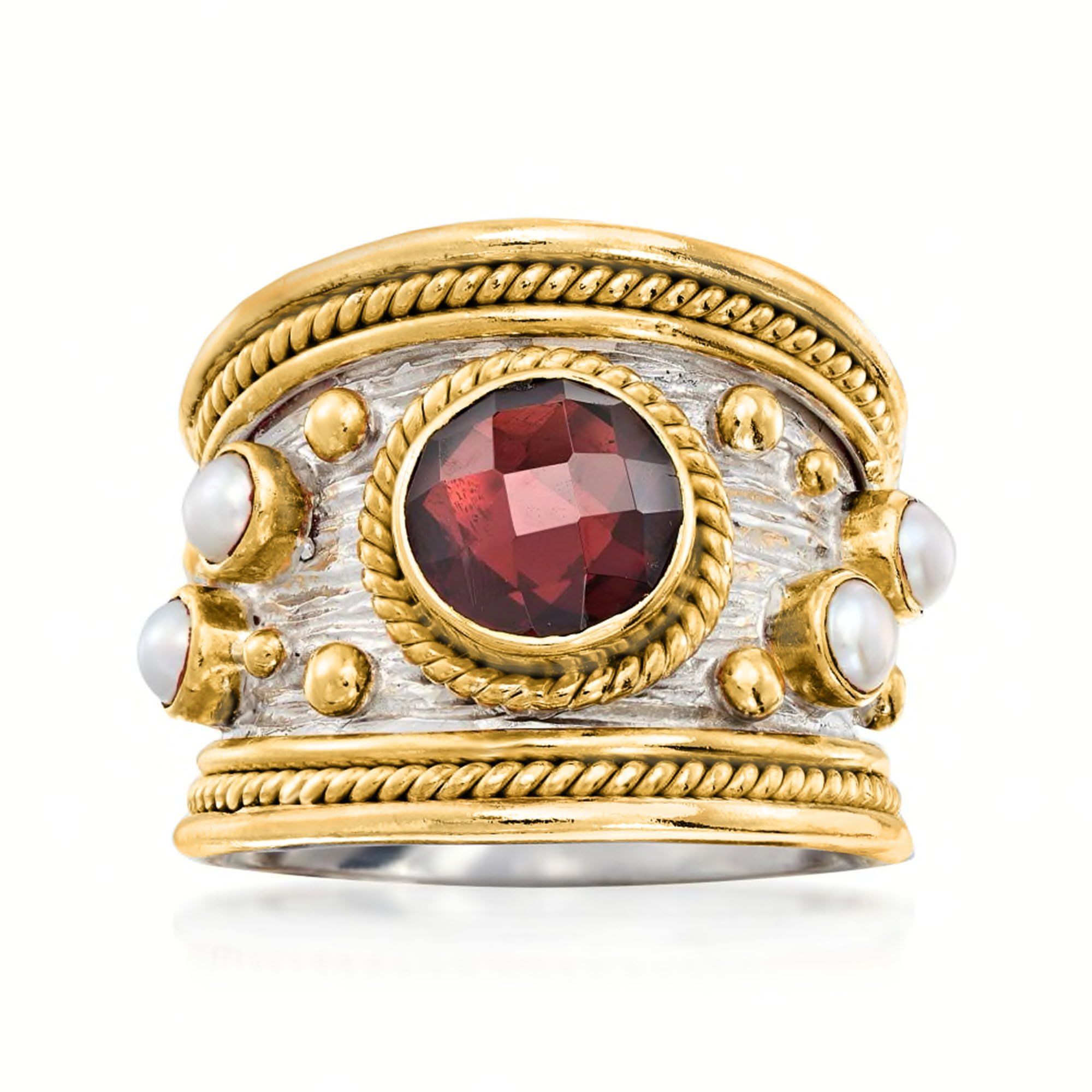 Ross-Simons 2.20 Carat Garnet and 3mm Cultured Pearl Ring in Sterling Silver and 18kt Gold Over Silver