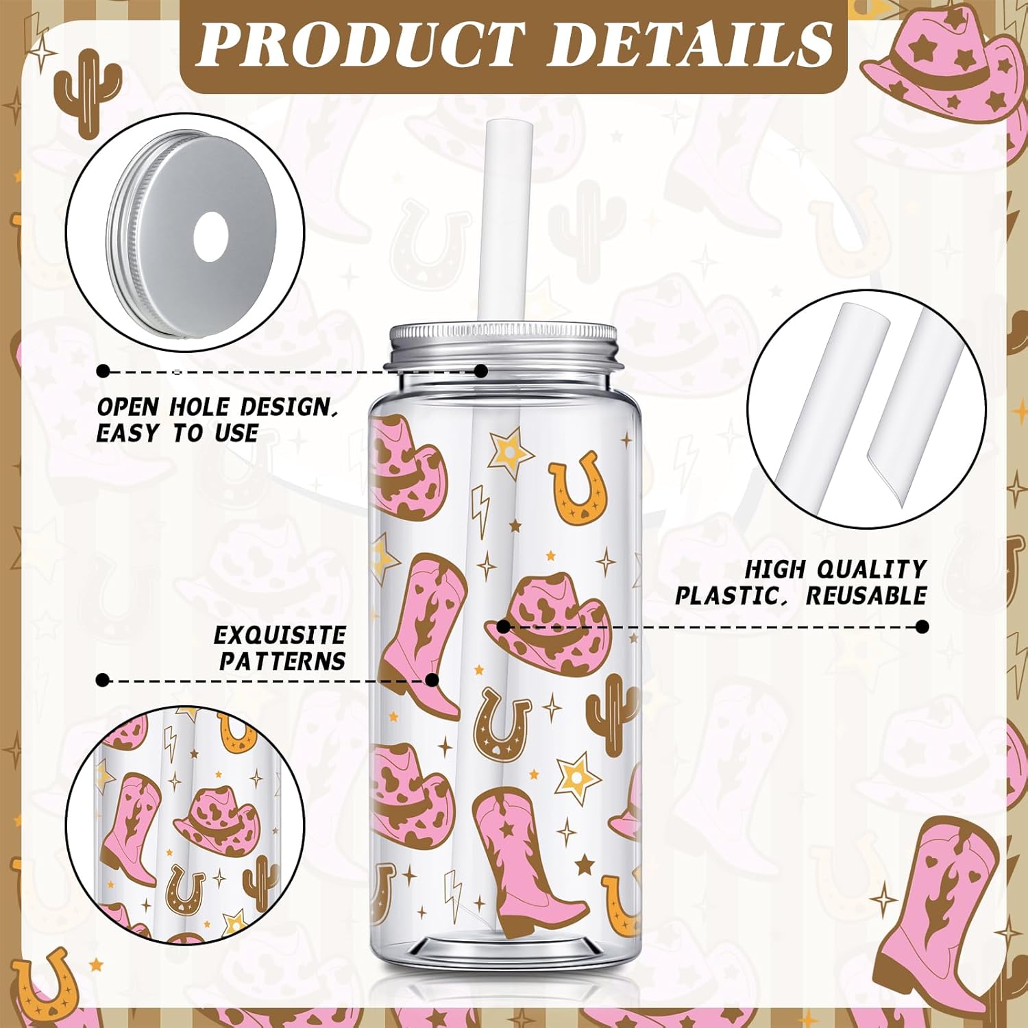 Qinyoung 24 Pcs Western Cowgirl Cowboy Plastic Tumbler 14.2 oz Cowgirl Party Favors Reusable Cups with Lids and Straws Decoration Iced Coffee Cup My First Rodeo Decorations(Classic Style,Pink Brown)