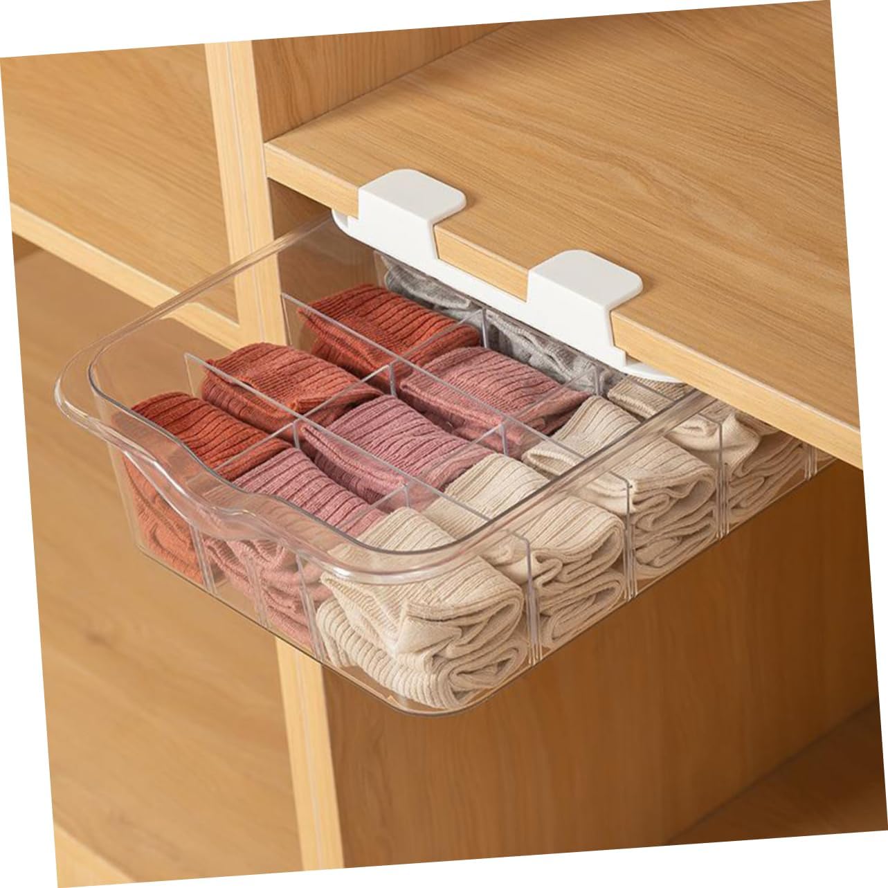 Transparent Compartment Adhesive Under Shelf Drawer Organizer Sock and Underwear Storage Holder with Removable Dividers for Closet Dustproof and Space Saving Wardrobe Storage Box