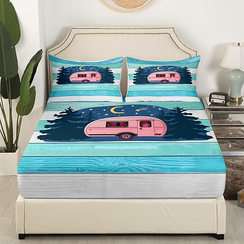 Vista 25 de Camper Decor Sábanas de cama Happy Camping, sábana bajera ajustable de campamento con juego de cama de montaña, juego de cama de verano para Multi 04