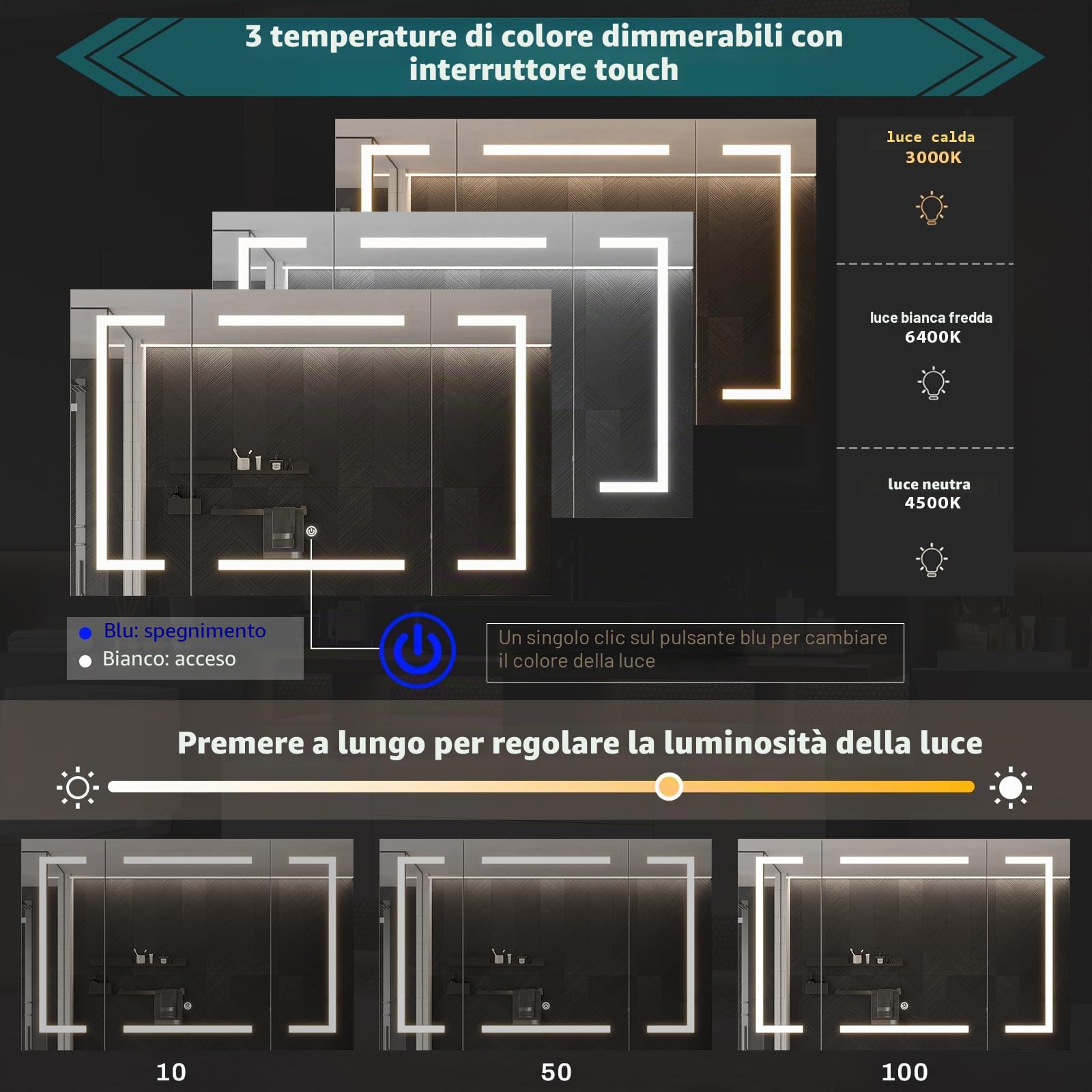 DICTAC Specchio Bagno Contenitore con luce e Presa 100x60x13,5 cm Mobile a Specchio Bagno con illuminazione Led Tre Ante Armadietto a specchio da bagno con Ripiano,in Metallo,Bianco