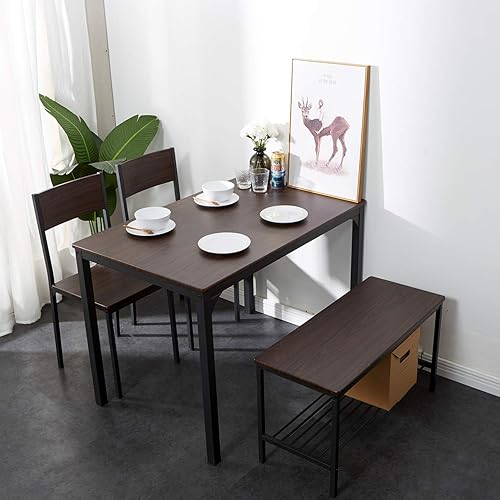 Miniatura 4 de DlandHome Juego de mesa de comedor para 4 mesas de comedor con 2 sillas y 1 banco, mesa de comedor rectangular que ahorra espacio con dos bancos