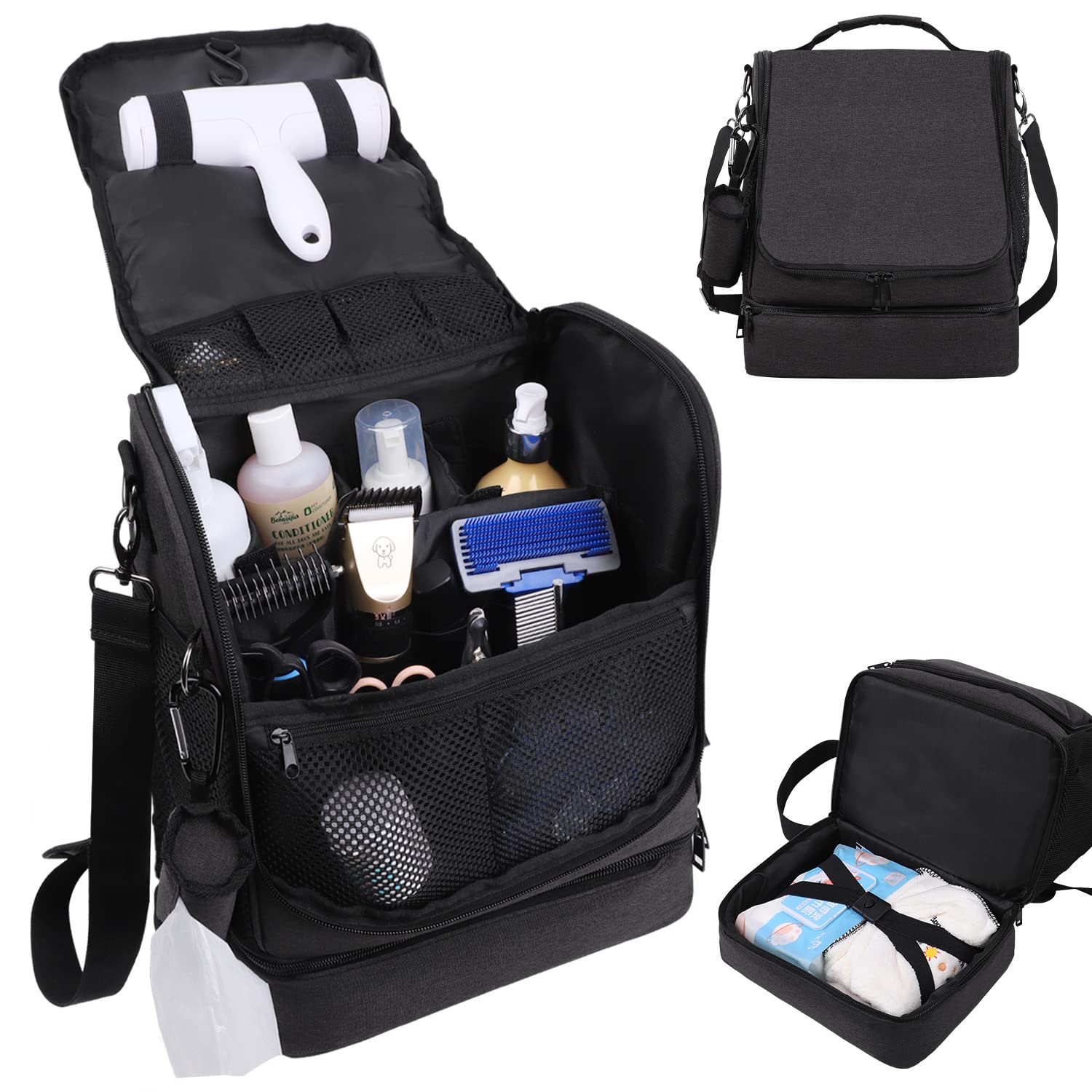 TEFGTERDog&Cat Grooming Supplies Bag, Adjustable Compartments Wall Mounted Pet Travel Bag with Poop Bag for Pet Groomers, Storage Wipes/Hair Remover/Nail Trimmer/Clippers/Brush/Comb/Shampoo