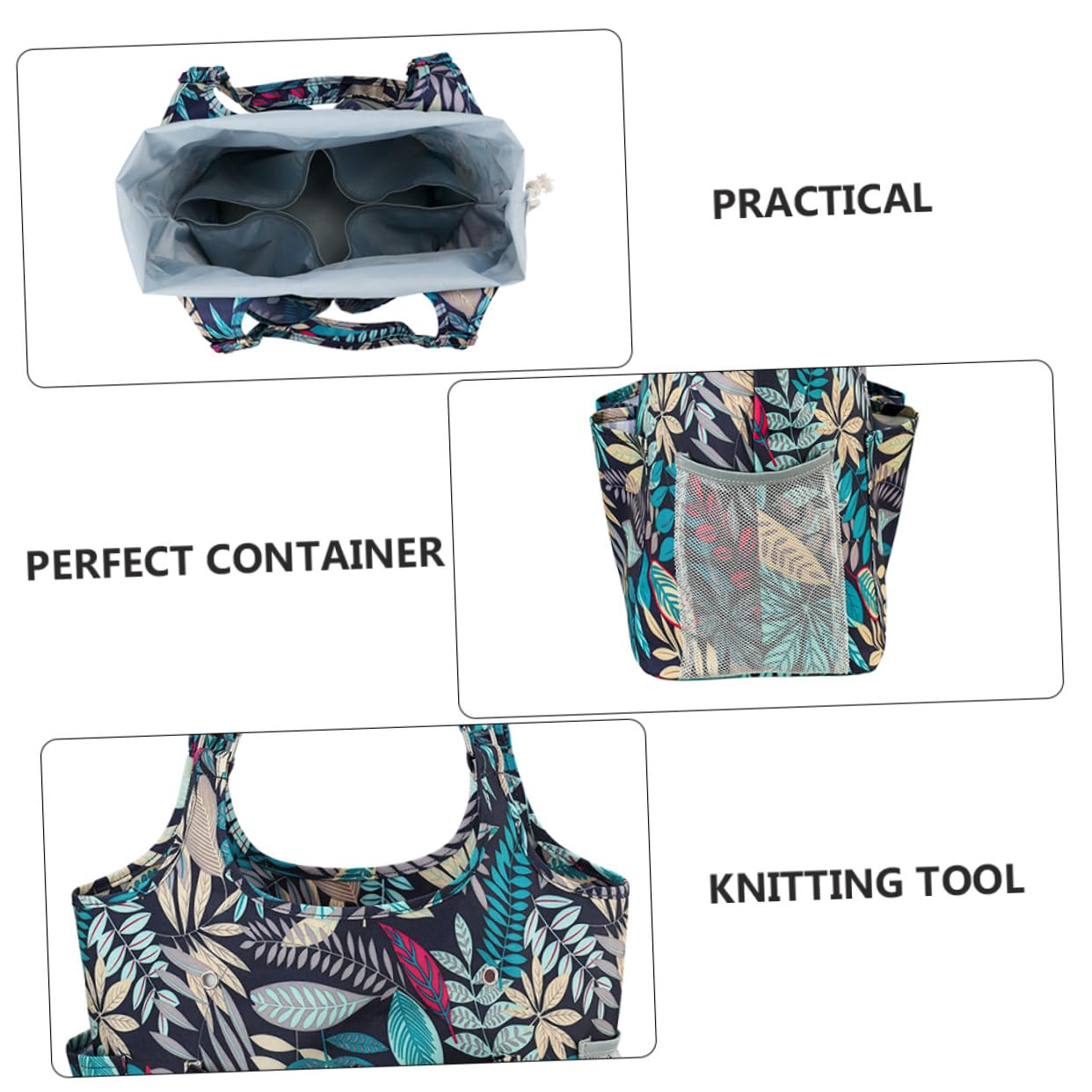Bolsa de Almacenamiento Portátil para Tejer en Tela Oxford 600d Diseño de Hojas, Multi-bolsillos y Correa Reforzada para Crochet y Tejido