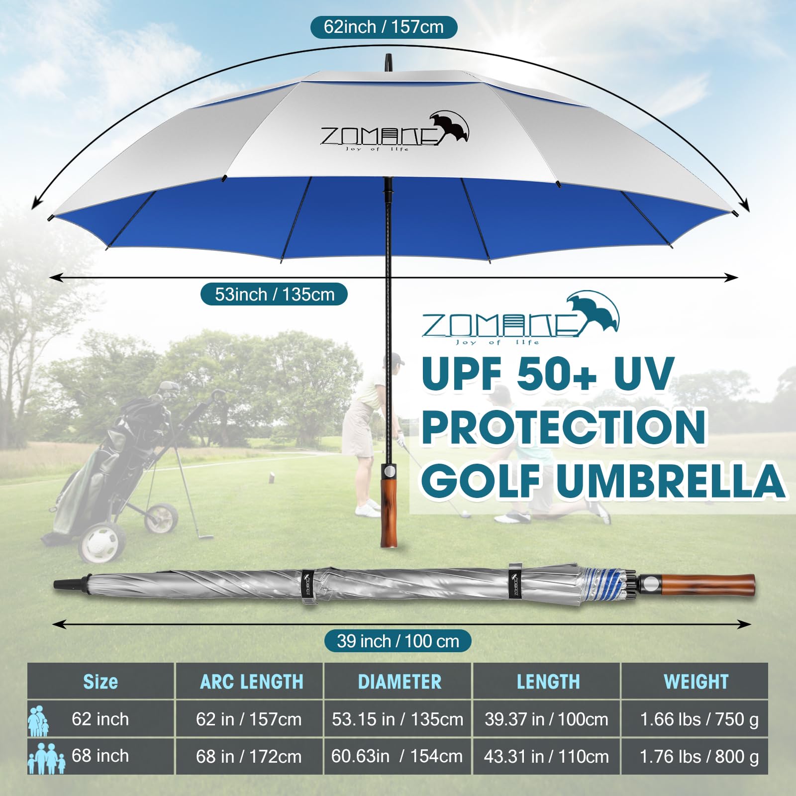 ZOMAKE 62/68 Pouces Ombrelle Anti UV Grand Parapluie Golf Anti Tempête Homme Femme XXL Manche Bois Ondulé Double Canopée Ventilée