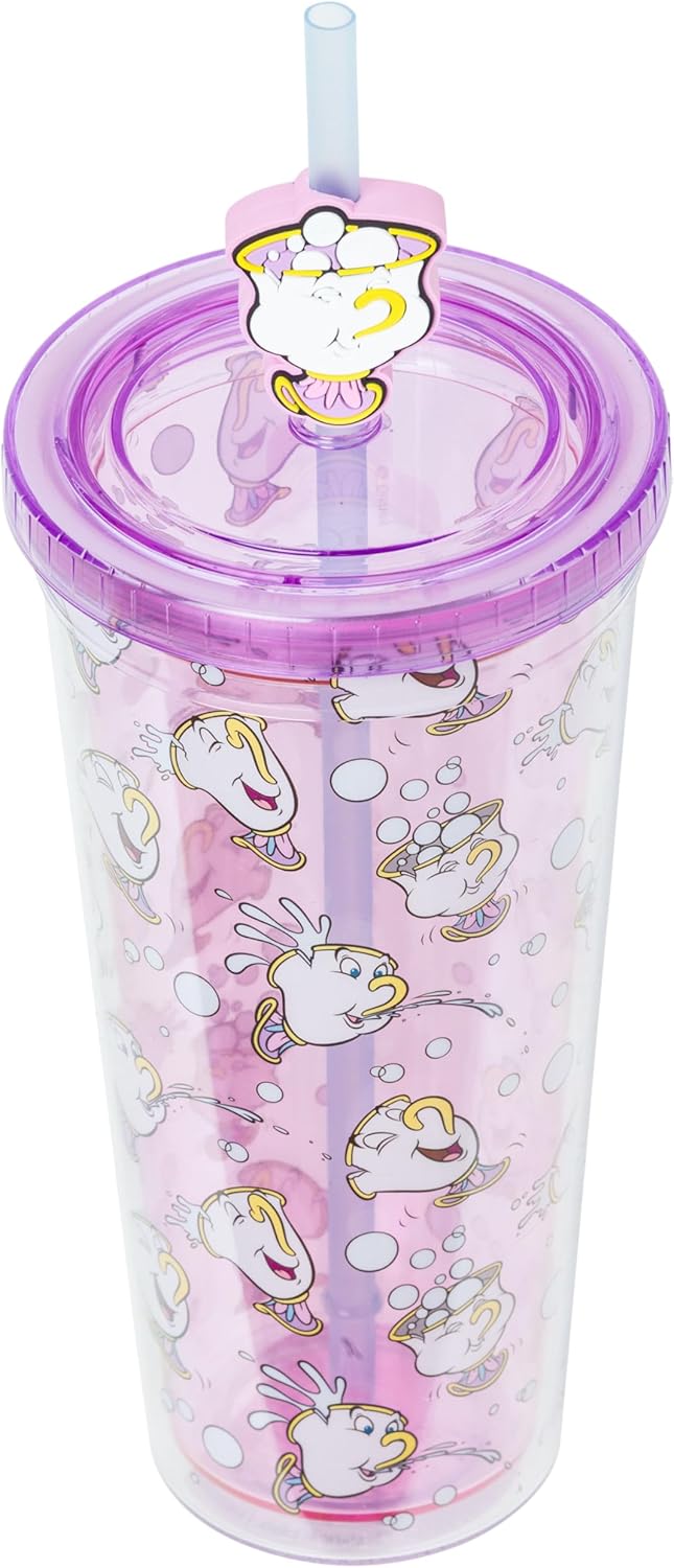 Silver Buffalo Disney Beauty and the Beast Plastic Cold Cup with Lid and Straw Topper Featuring Chip, 24 Ounces - Image 3