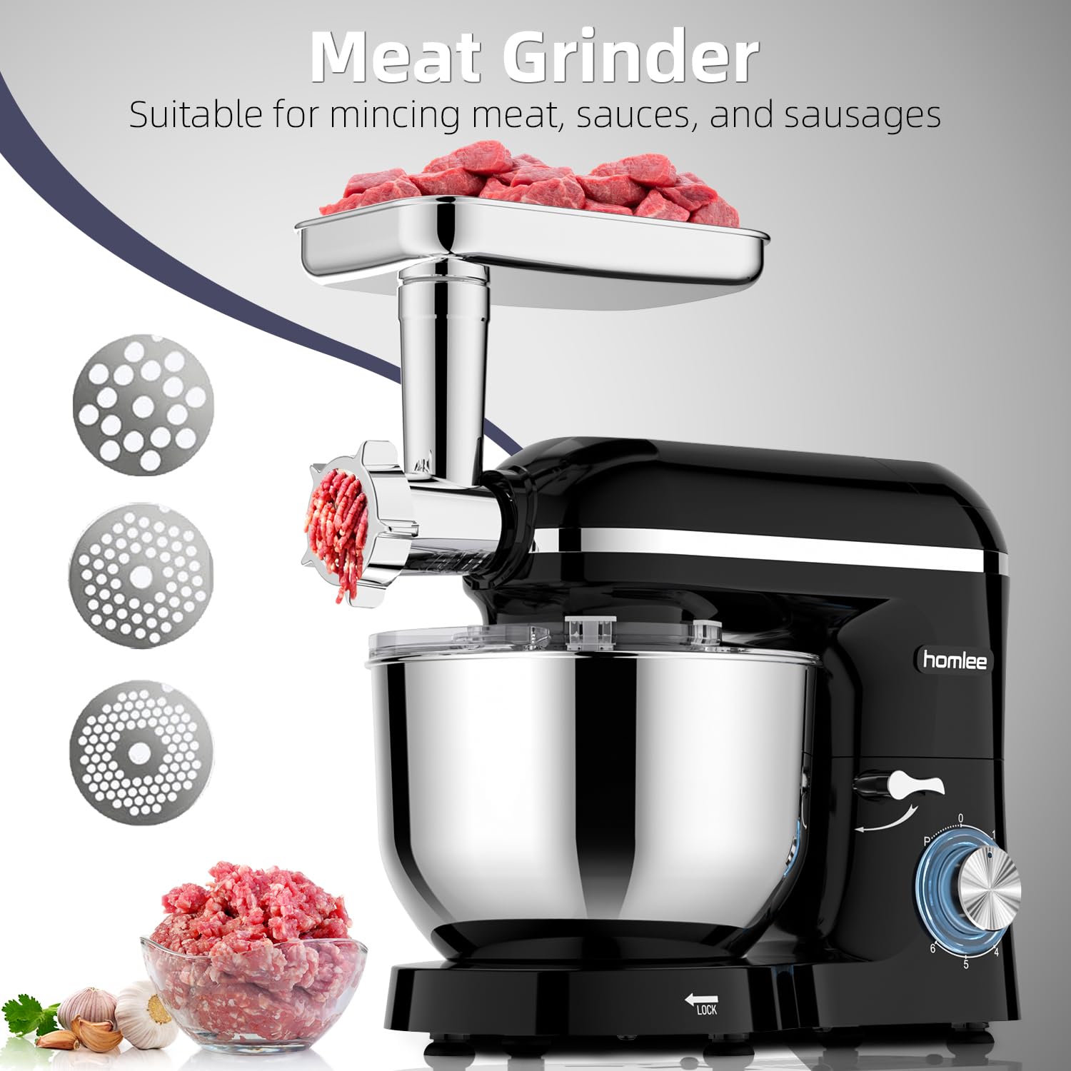 Homlee 3 en 1 Robot Pâtissier,2000W Robot Cuisine Multifonctions,avec Hachoir à Viande,1,5L Mixeur,Ensemble de légumes,Accessoires pour Saucisses,5.5L Bol Mélangeur,Fouet,Crochet Pétrisseur,Batteur
