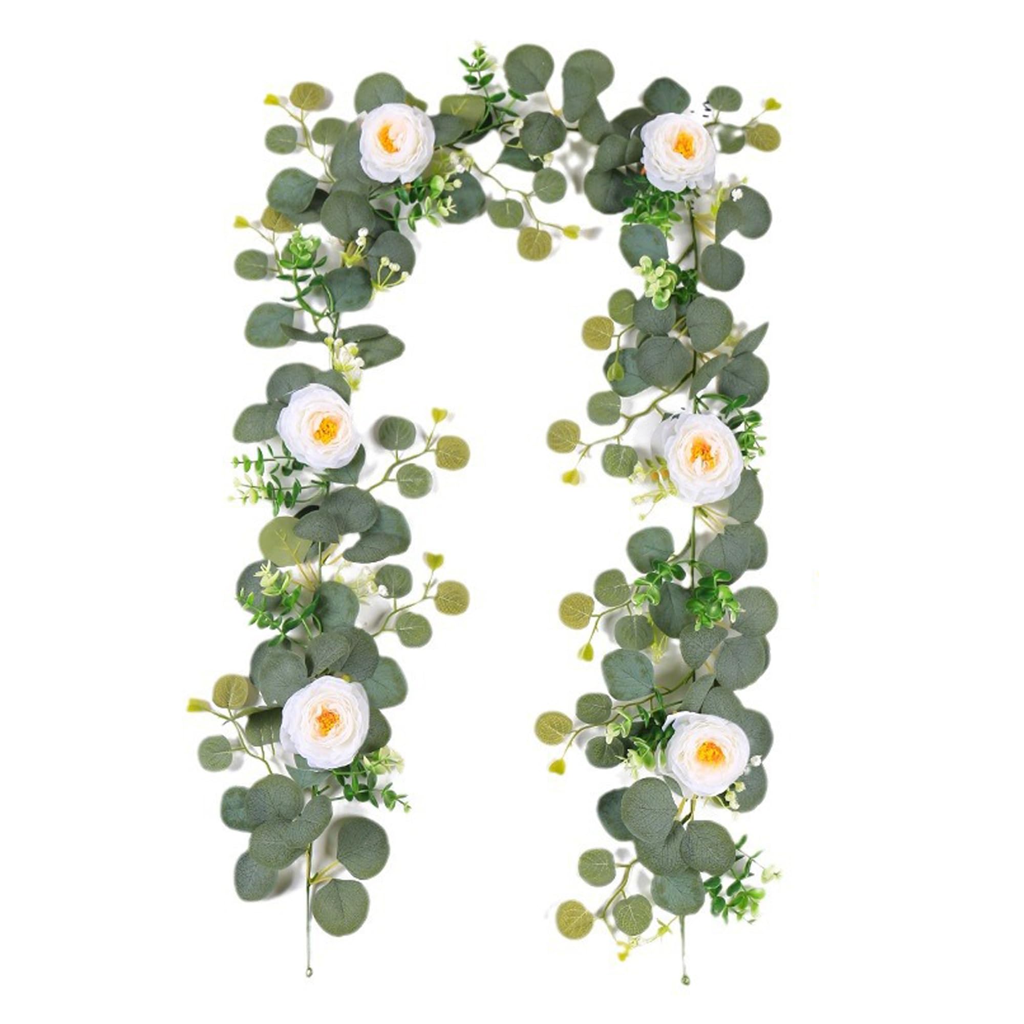 douyif Guirnaldas De Eucalipto Artificial 180cm Guirnalda Eucalipto con Flores Camelia Guirnalda De Vides De Eucalipto Artificial para Arco De Boda Pared Telón De Fondo Hogar Cocina Jardín Mesa Deco