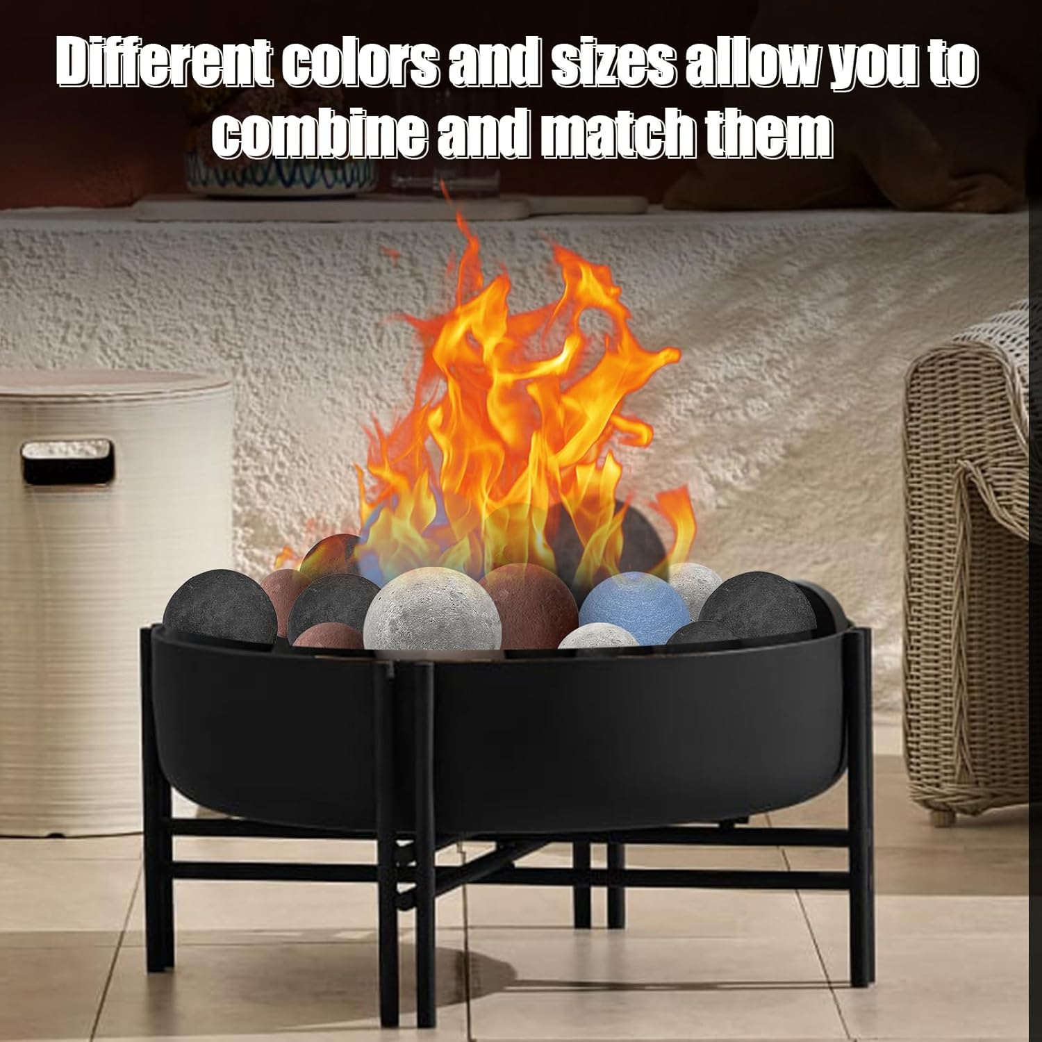 Zhenx Ceramic Fire Balls, 5 Inch, Set of 6 Round Fire Stones, for Indoor and Outdoor Fire Pits, Fire Bowls and Fireplaces, Black