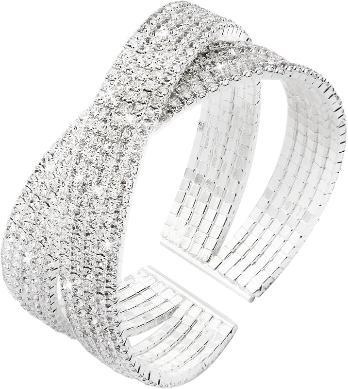 Silver Rhinestone Bracelet for Women Multilayer Crystal Layered Cuff Bracelets Bridal Jewelry for Prom Party Wedding Dating