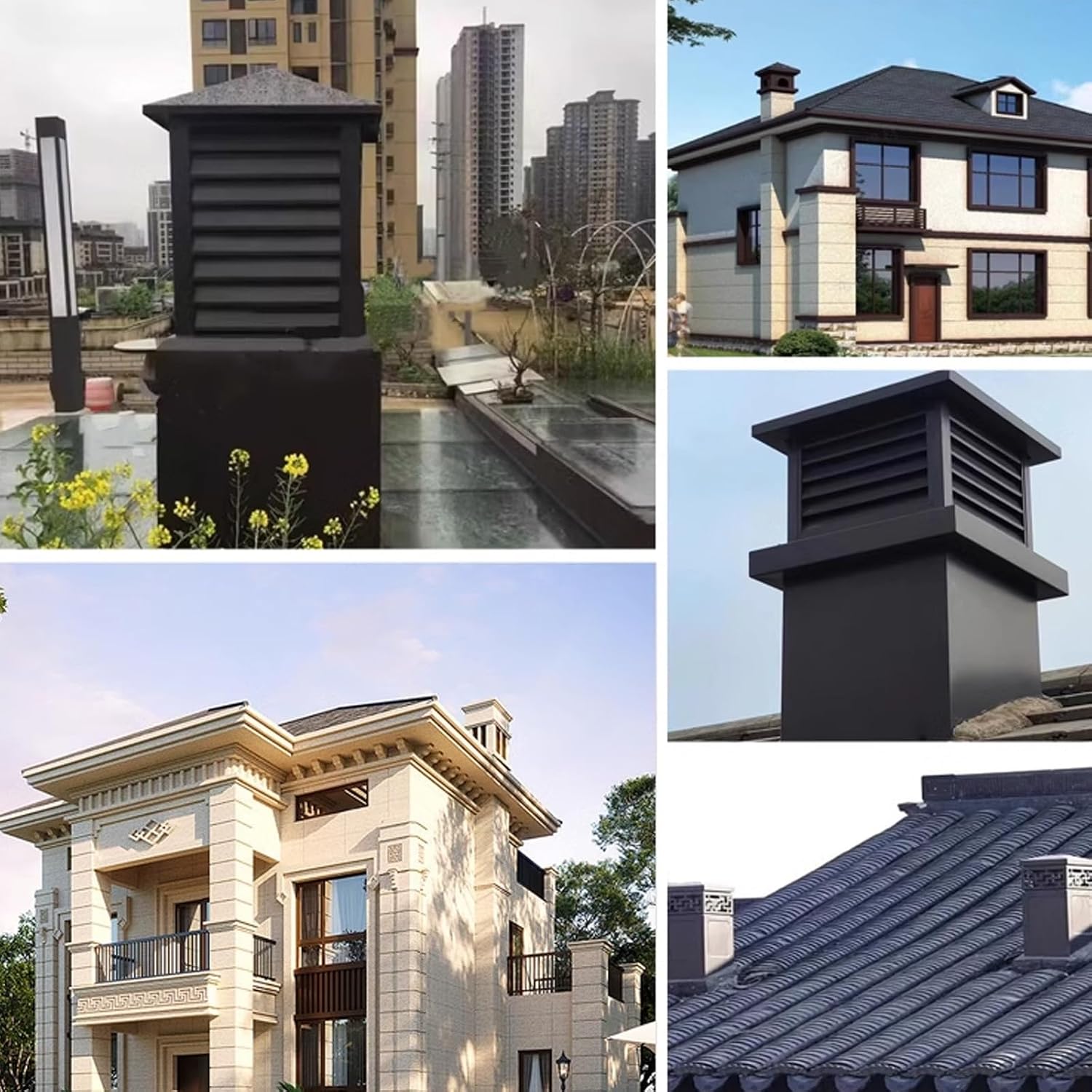 Chimney Cowl Cap, Aluminum Alloy Square Windproof Chimney Cover, Outdoor Ventilation Exhaust Vent Cap Chimney Rain Cap, Fireplace Chimney Caps with Tapered Top and Shutters(Black A,40cm/15.7in)