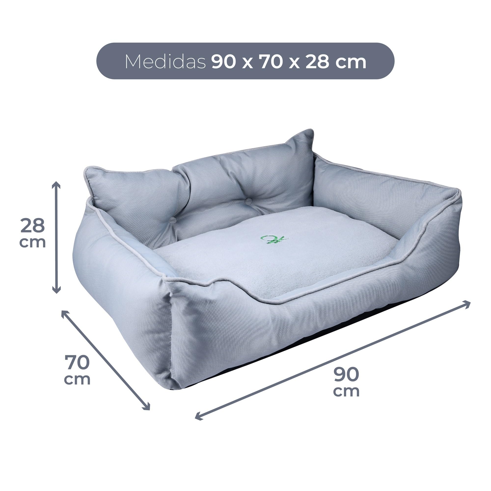 Haustierbett | Farbe Grau | Maße 90 x 70 x 28 cm | ergonomisches Bett für mittelgroße Hunde | maschinenwaschbarer Bezug | und Futternapf aus Edelstahl und Halterung aus Bambus