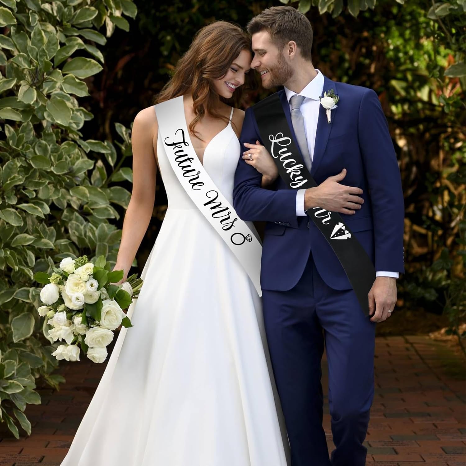Future Mrs & Lucky Mr - Bride to Be Sash and Groom to Be Sash Kit, Funny Bachelorette & Bachelor Sashes for Wedding Bridal Shower Party Decorations Engagement Gifts (White and Black) - Image 2