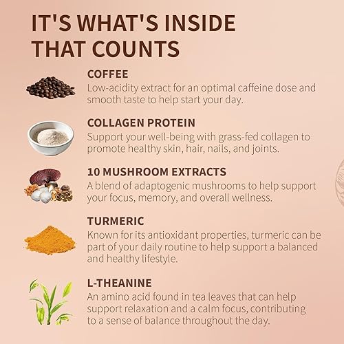 Miniatura 4 de Café de hongos (30 porciones) Kit de inicio de café de tostado medio, 10 hongos adaptogénicos con colágeno alimentado con hierba, chaga, cordyceps,