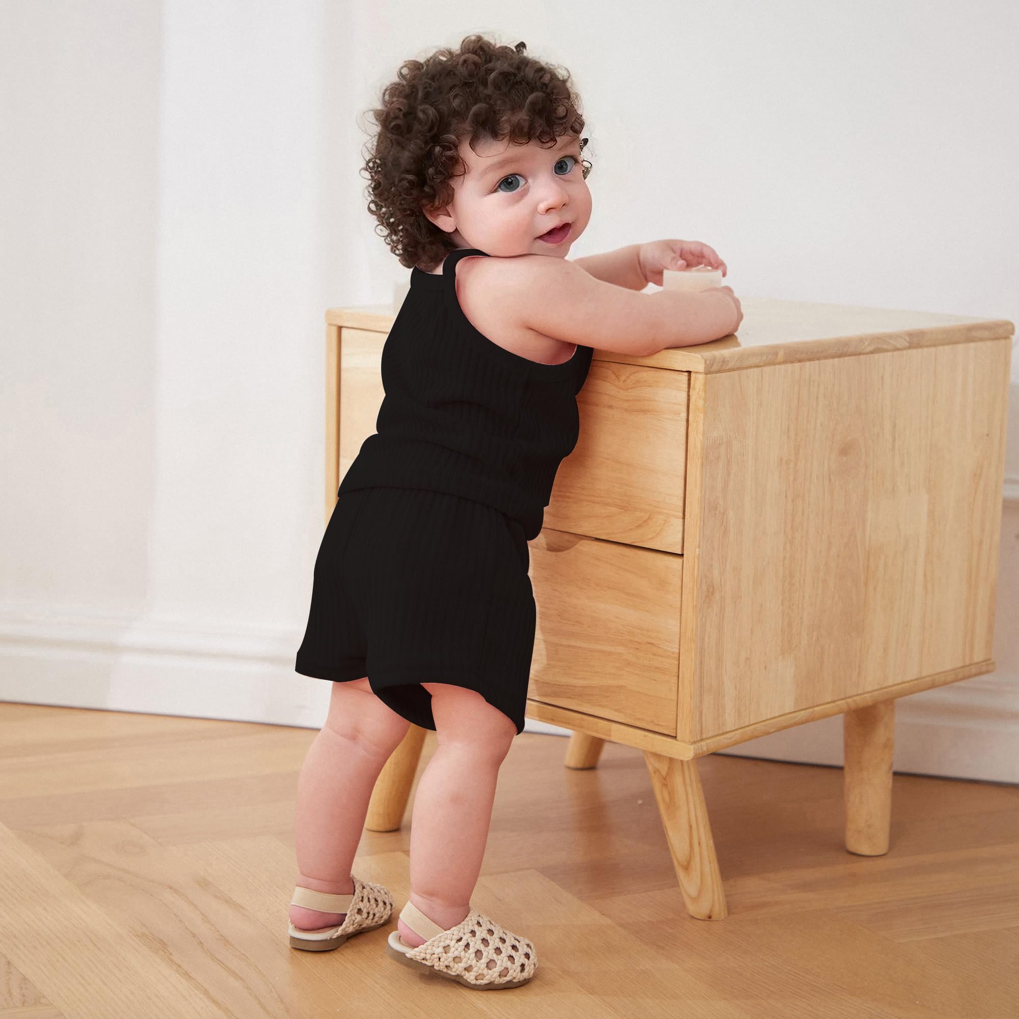 Toddler Baby Girl Summer Clothes Ribbed Sleeveless Button Front Cami Tops and Shorts Infant Outfits Set (A Black, 12-18 Months)