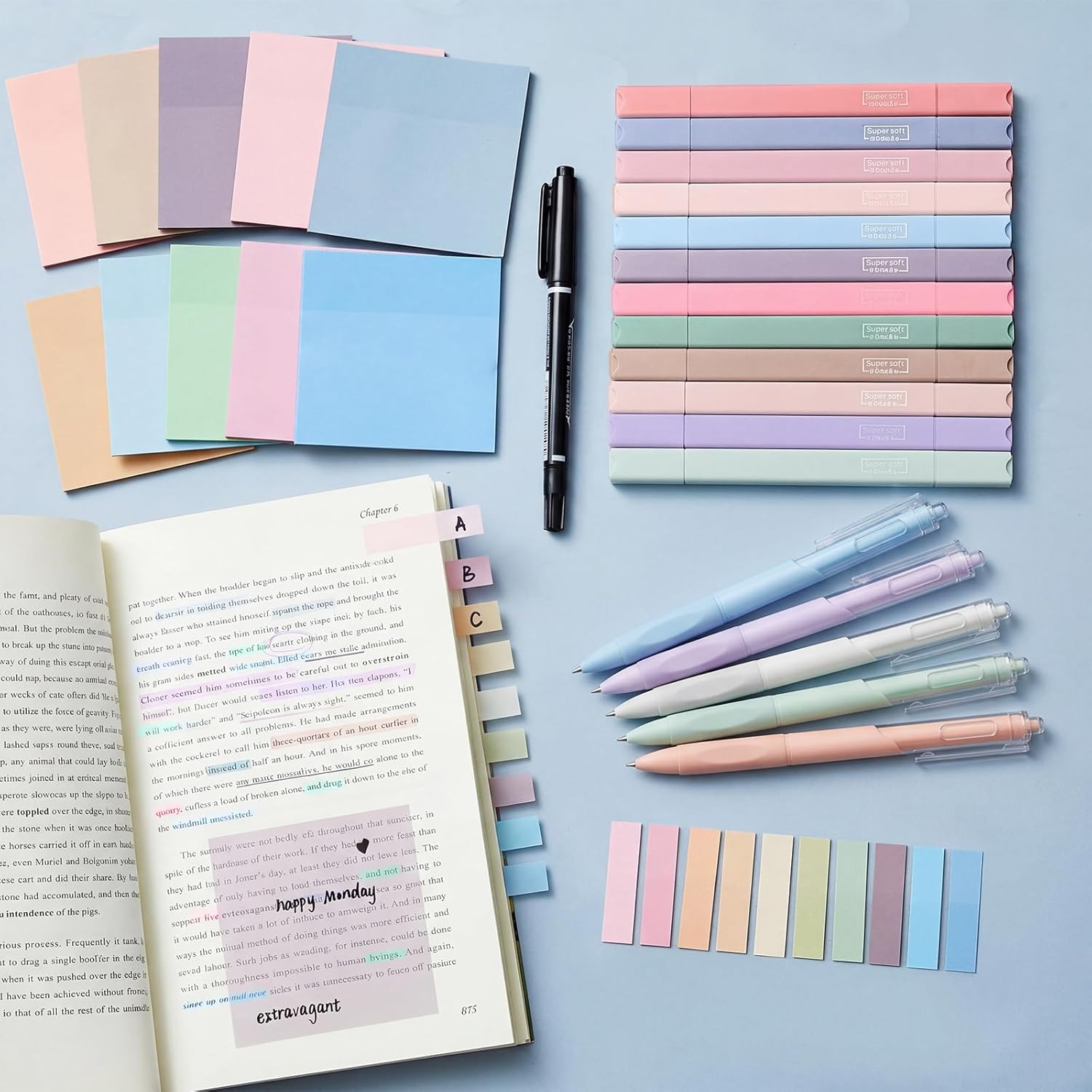 Jutom 38 Pcs Book Annotation Kit for Bible Journaling Study, Aesthetic Highlighters Pens, Index Tabs, Sticky Notes, Markers for Annotating Books Bible Page Tabs Supplies(Classic Color,Square)