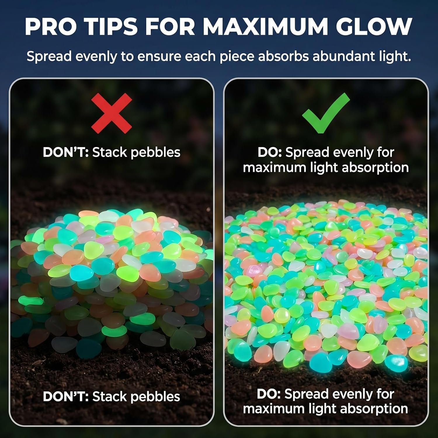 Glowing Pebbles for Garden Outdoor, Mixed Bulk Color Luminous Stones in Dark, Artificial Landscape Rocks, Fluorescent Yard Walkway Gravel, Decorative Driveway Pathway Resin Decor Accessories