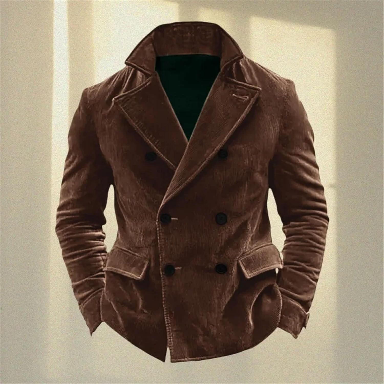 Men's Corduroy Suit Jacket Stand Collar Double-Breasted Business Casual Vintage Wedding Suit