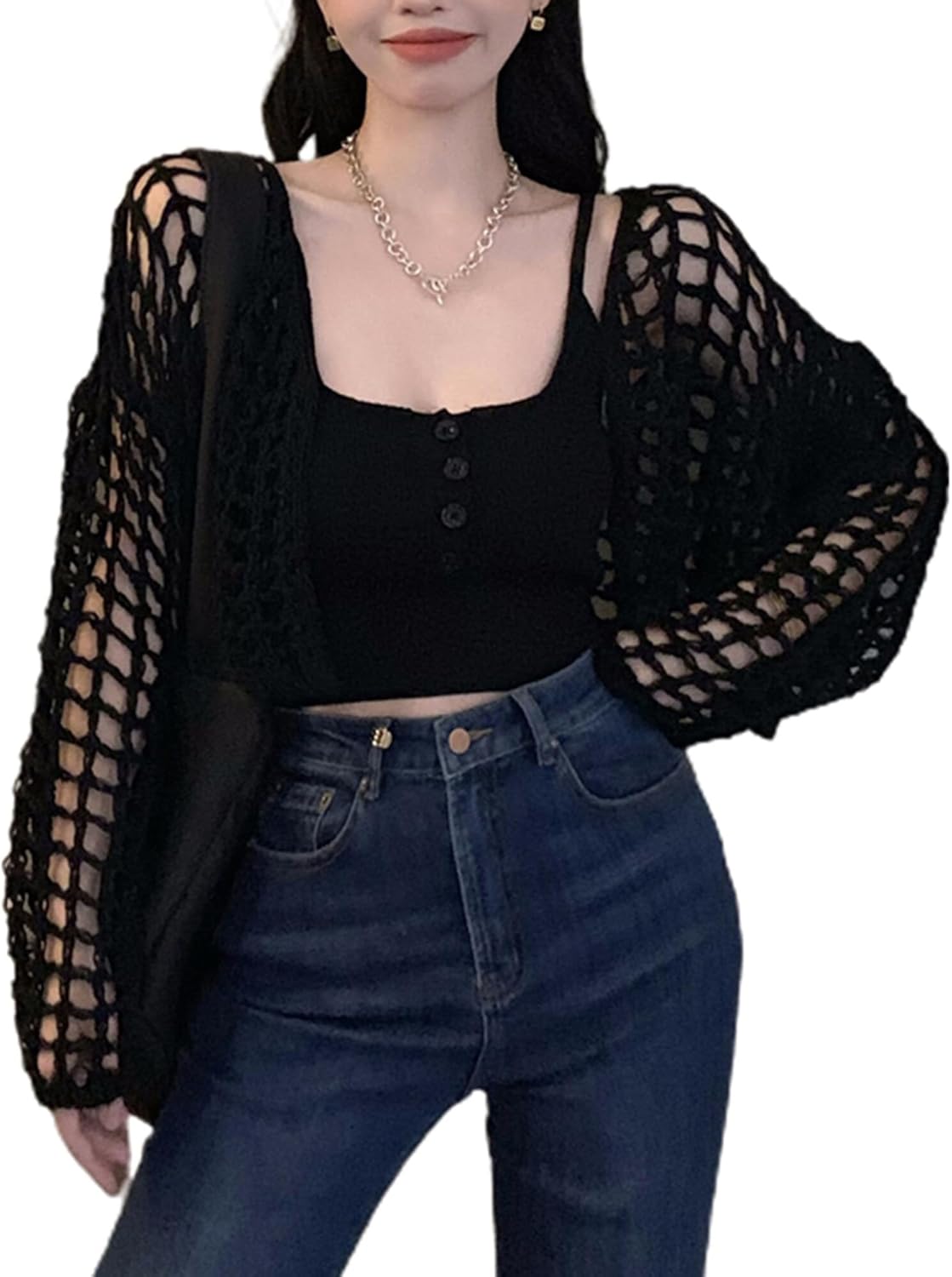 Womens Crochet Cropped Cardigan Long Sleeve Knit Kuwait Ubuy