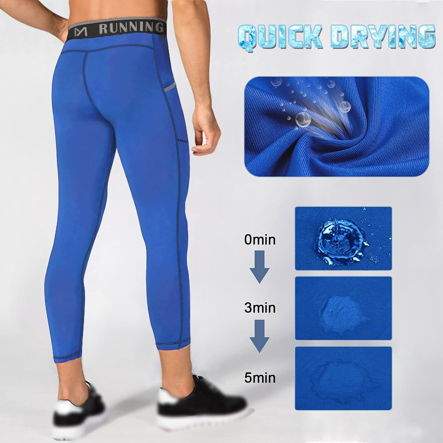 MEETYOO Men's 3/4 Compression Pants with Pockets, Black+White+Blue, Medium - Image 5