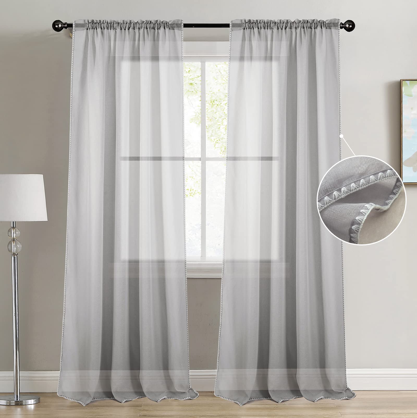 Tony's collection Silver Sheer Curtains 63 Inch Length for Bedroom 2 Panel Sets with Side Embroidery Frill Rod Pocket Sheer Curtains for Living Room(34x63 Inch, Silver, 2 Panels)