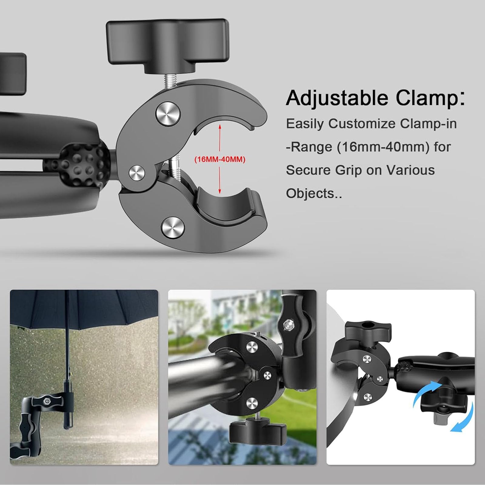 Supporto Action Camera, Morsetto di supporto per selfie moto, Supporto Morsetto per Fotocamera, Morsetto a Doppia Testa, per Gopro Insta360 OmbrelloTreppiede Supporto di Luci Bici Manubrio