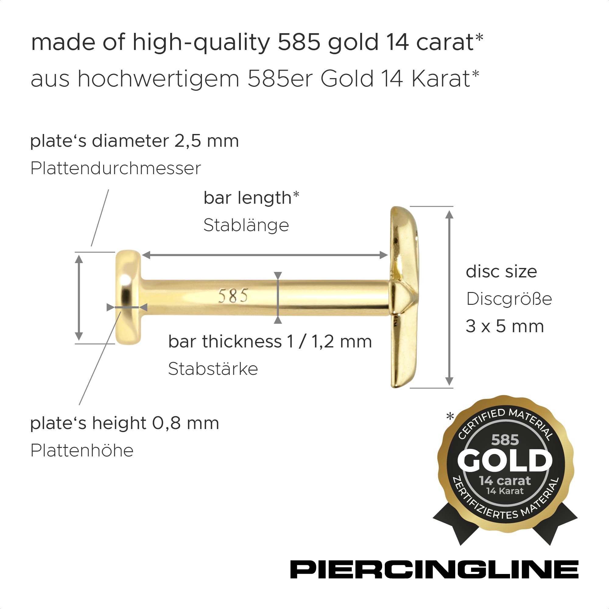 PIERCINGLINE Piercing de oro de 14 quilates con rosca interior, diseño de cruz egipcia, color y tamaño a elegir