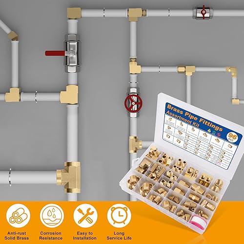 Miniatura 6 de KOOTANS Kit de surtido de 96 piezas de accesorios de tubería de latón - adaptador NPT, casquillo reductor, rosca hexagonal, acoplamiento, tapón de