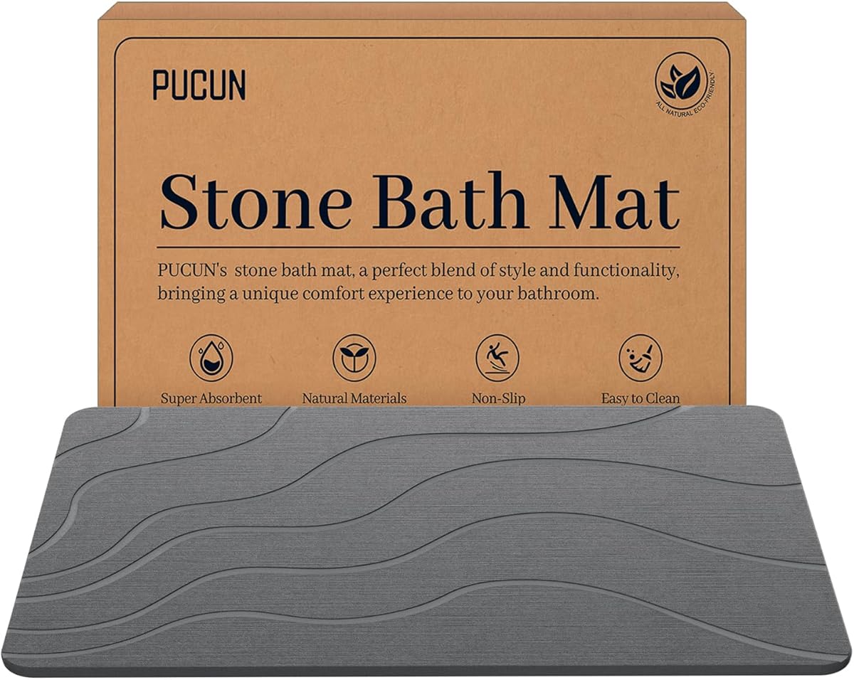 Stone Bath Mat Diatomaceous Earth Non-Slip Shower Mat,Quick Drying Diatomite Bath Stone Mat for Bathroom Floor -Super Absorbent,Natural, Easy to Clean(24×16" Grey)