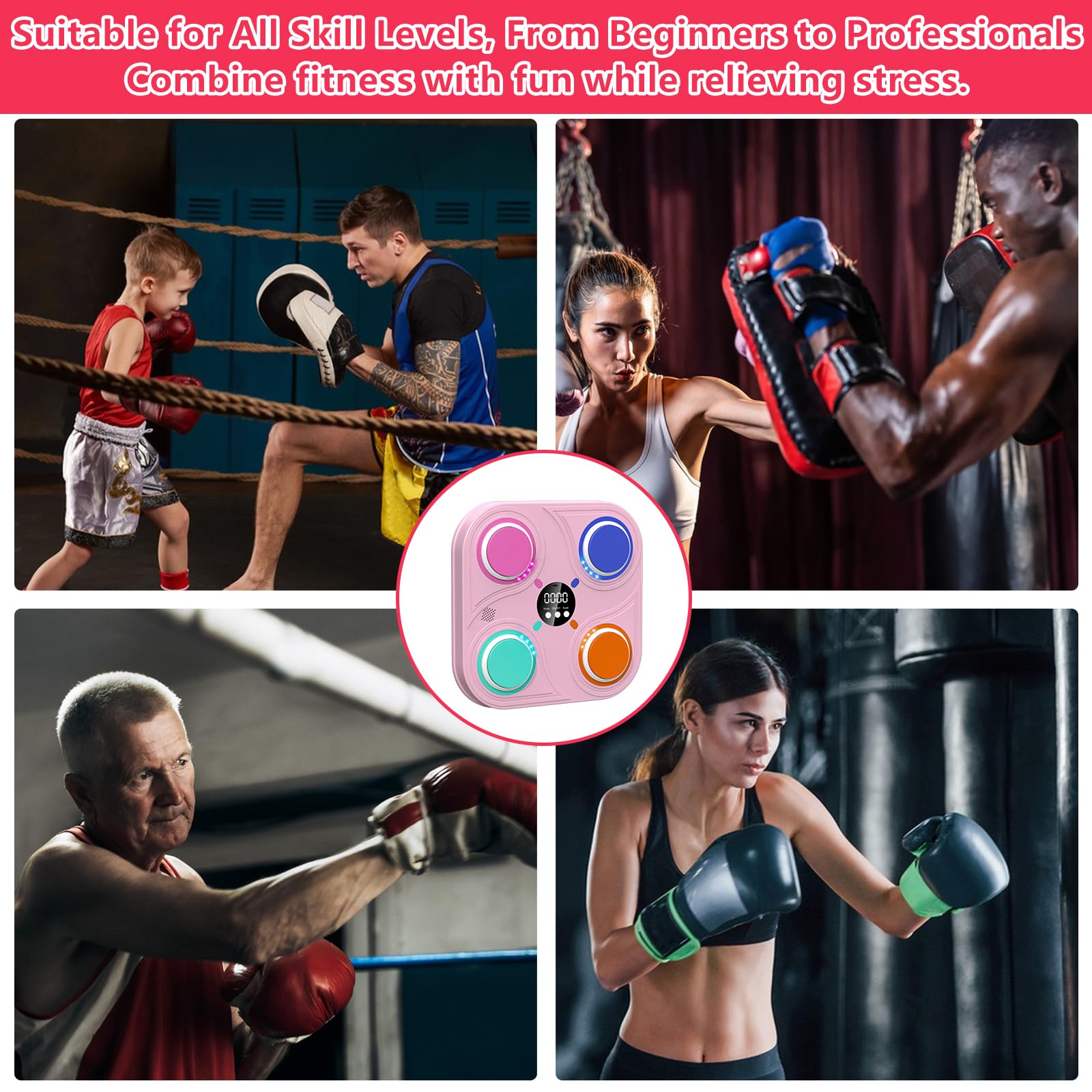 Machine De Boxe Musicale Bluetooth Murale - 3 Modes, Vitesses Réglables - Gants Inclus - Absorption Des Chocs - Idéale Pour Enfants Et Adultes