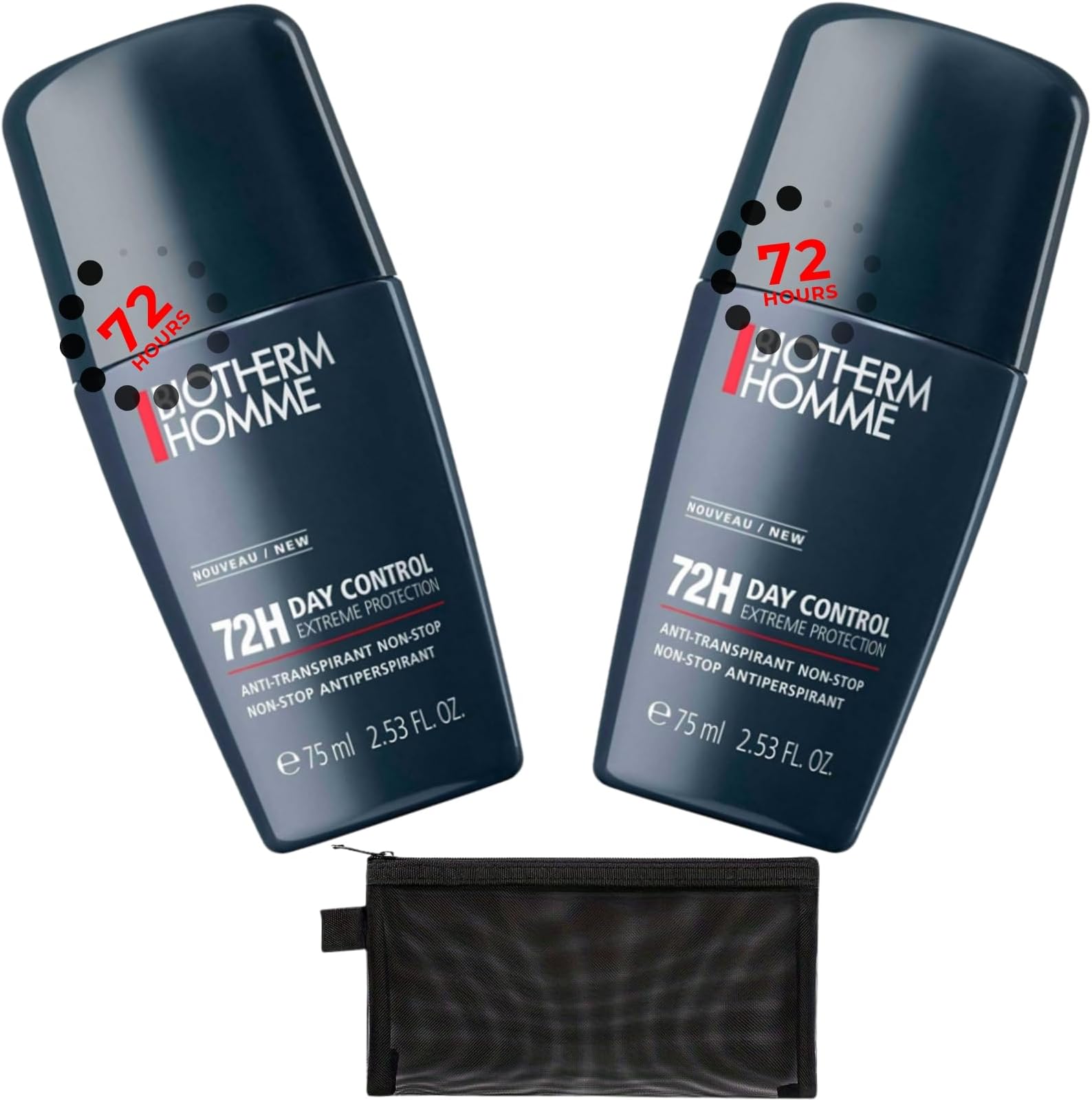 Mens antiperspirant Roll On Bundle with 2 x 75ml Home Day Control Extreme Protection, Alcohol-Free, Anti-Odour, Travel Size Deodorant and a Black Mesh Zip Bag Organiser