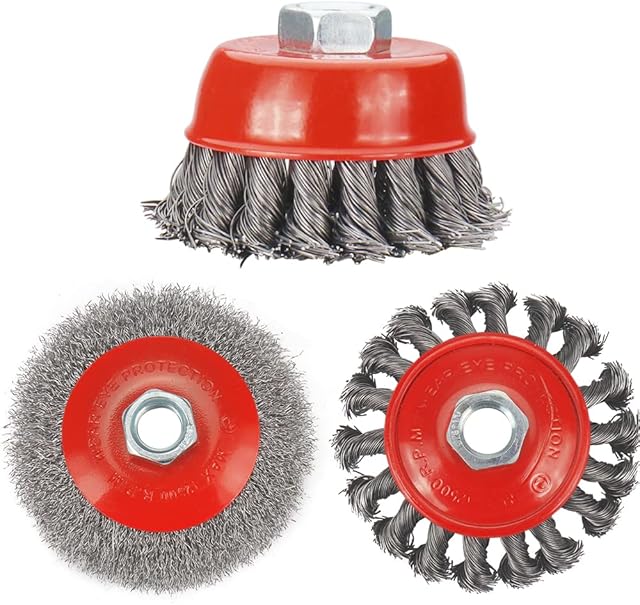 SI FANG 3Pcs Wire Wheel Brush Cup Brush Set 75/100mm, 5/8 inch-11 Thread Twist Knot Wire Cup Brush and Crimped Wire Brush Wheel, Coarse Carbon Steel for Angle Grinder Heavy Cleaning Rust Stripping