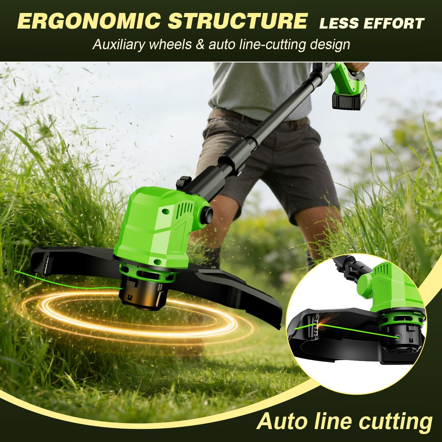 14" Cordless Weed Wacker with Wheels, 20000RPM Electric Weed Eater Battery Powered, 3-in-1 String Trimmer & Lawn Edger with 2 x 3.0Ah Batteries, 8 Spools, Lightweight Grass Trimmer for Garden Yard
