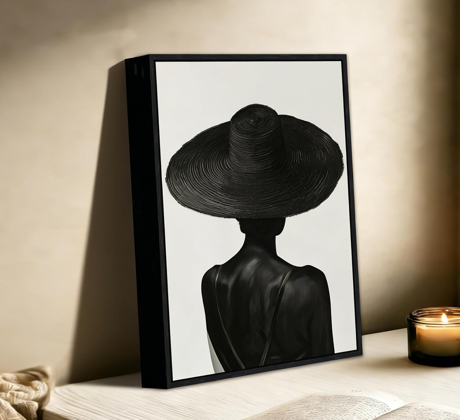 Framed Abstract Black Woman with Wide Brim Hat Canvas Wall Art - Minimalist Monochrome Prints Artwork,African American Woman Painting Picture Wall Decor for Living Room Bedroom - Ready to Hang 12x16in