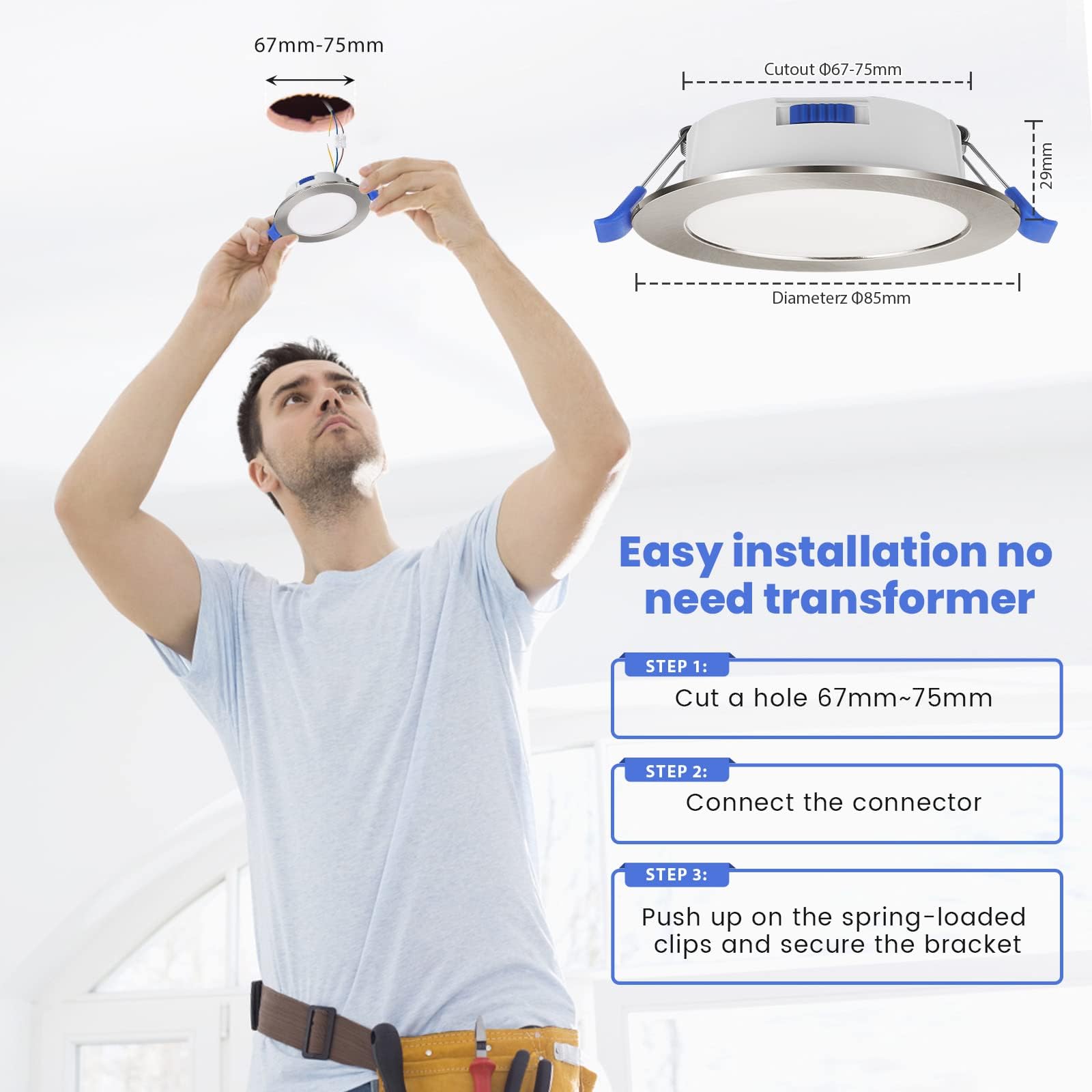 cloksh 12 sztuk reflektorów LED do zabudowy, 230 V, możliwość ściemniania, ultra płaskie, 6 W, IP44, ciepła biel, 3000 K, neutralna biel, 4000 K, zimna biel, 6500 K, regulowane, do łazienki, 12 szt