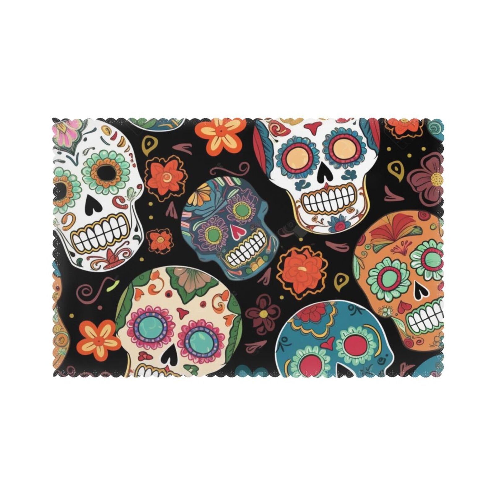 Sugar Skulls Printed Placemat Heat Resistant Place Mats Set of 6 PCS Washable Kitchen Table Mats, 12x18 Inch